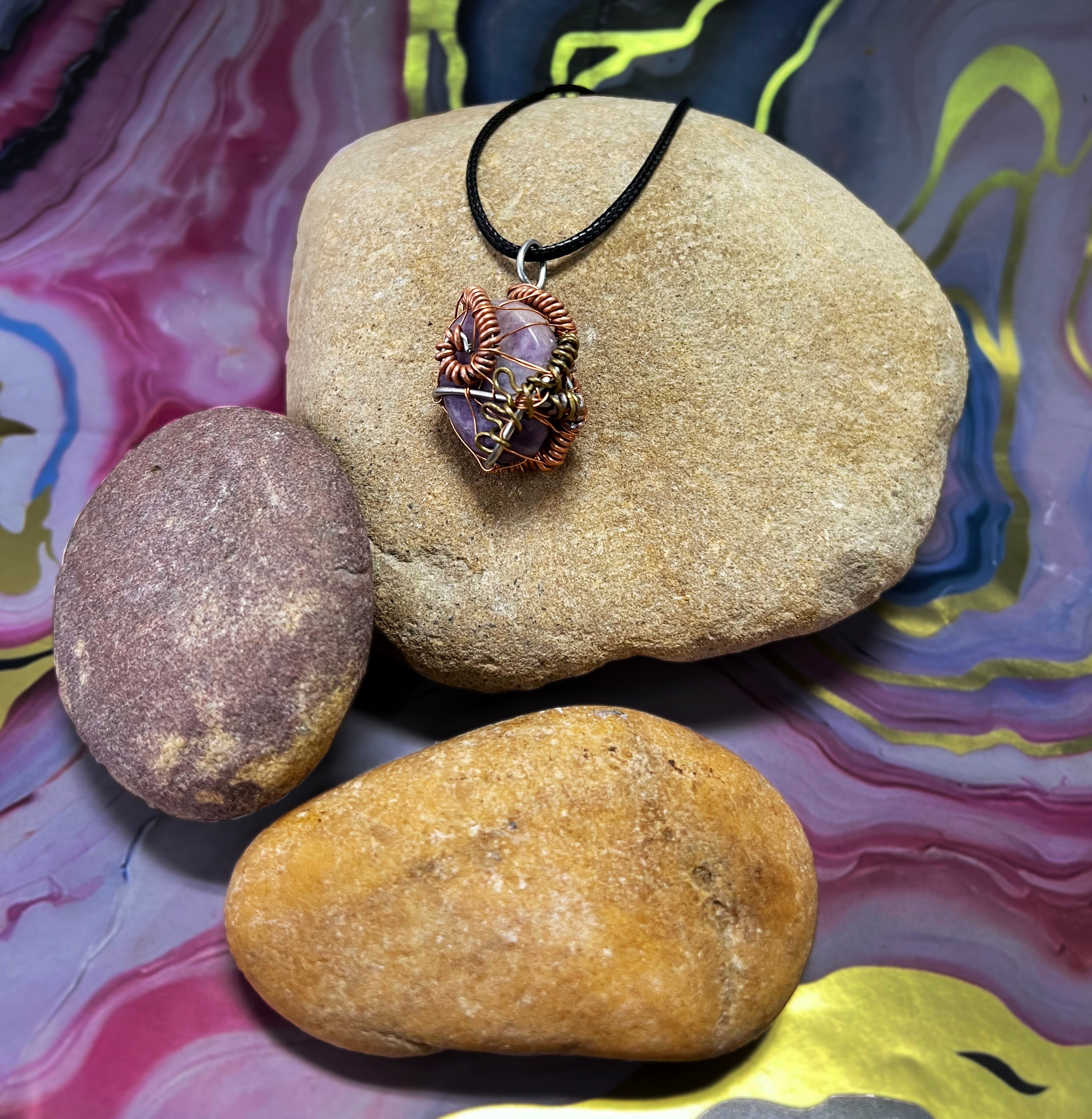 Wire Wrap Organic Shaped Purple Lepidolite Necklace