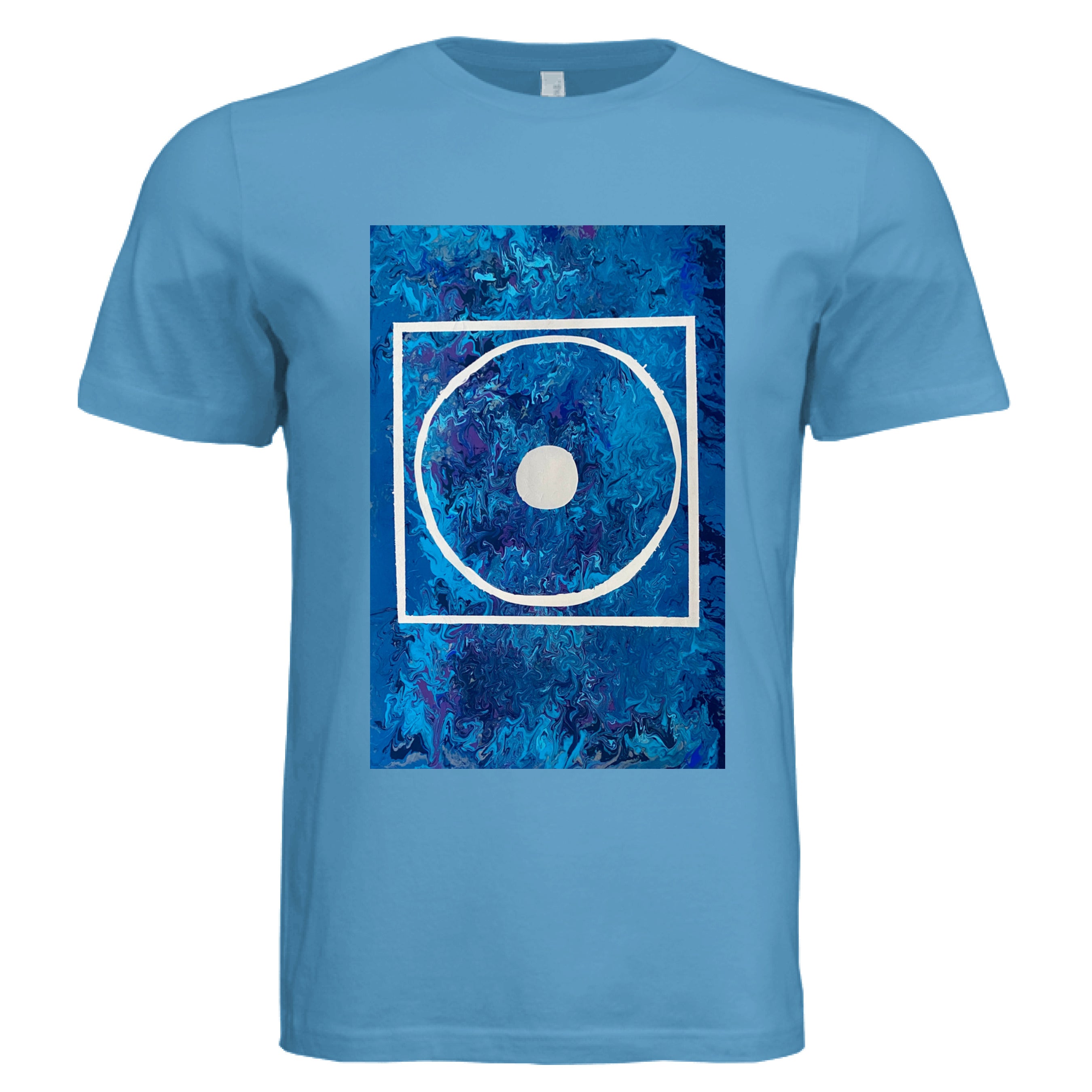 This is the Aqua Big Low T-Shirt by Storm Garden Studio. This is showcasing the front of the shirt. The illustration is rectangular and has a white filled in dot, within a outlined circle, within a outlined rectangle. The background is a mix and dip of different blues. The shirt is against a white background.