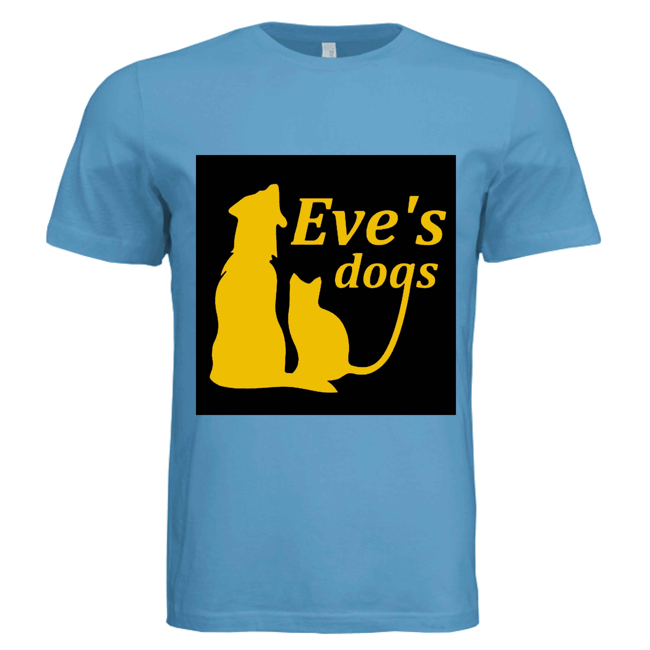 This is the Aqua Adopt Eve's Dogs T-Shirt to help raise awareness and adopt. This is showcasing the front of the shirt. There is an image of their logo which the background is black, yellow writing of "Eve's Dogs". The "g" connects to the tail of the cat who is sitting next to the dog. Both are yellow shadows. The white size label can be seen at the inside of the shirt. It is against a white background.