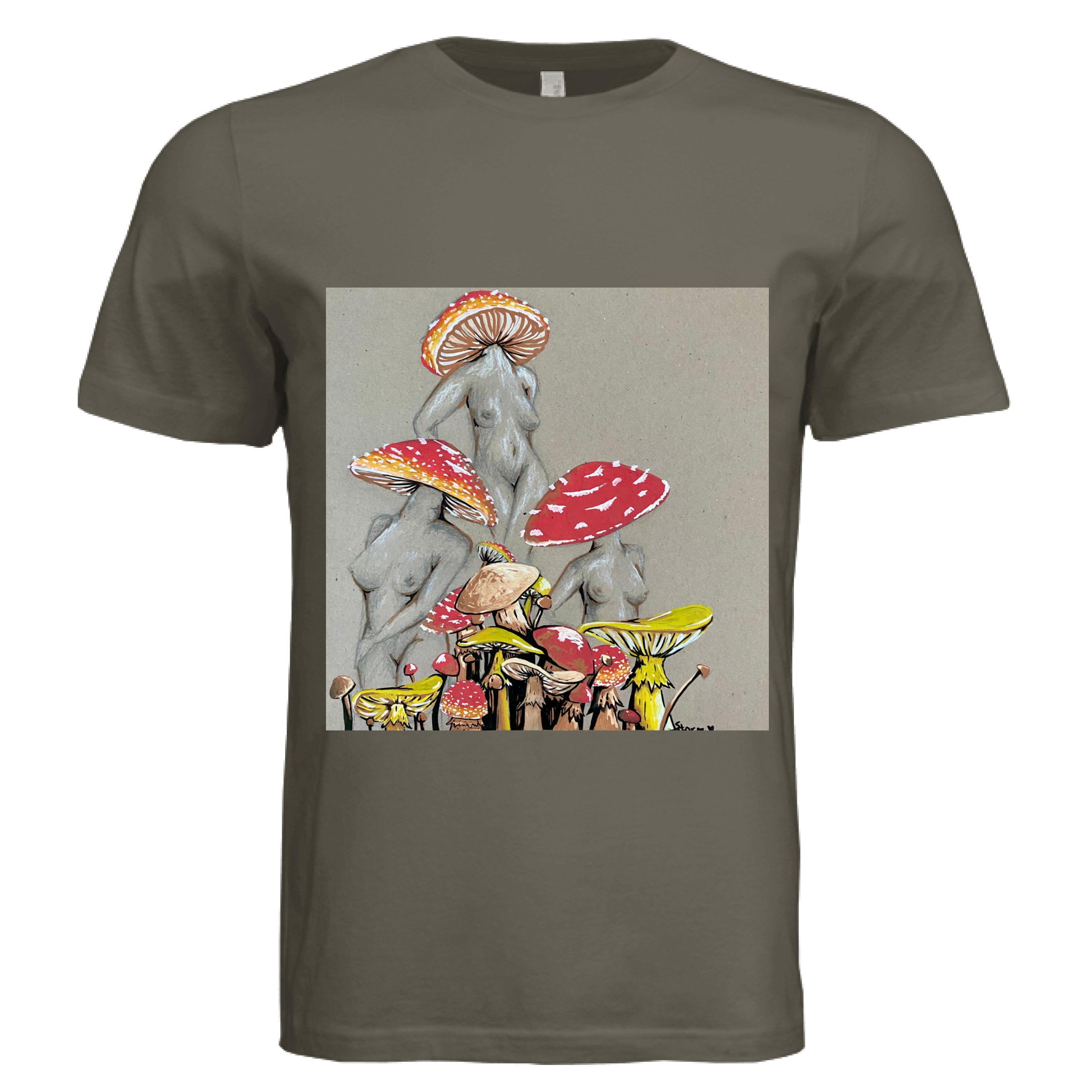 This is the Army Miss Amanita T-Shirt by Storm Garden Studio. This is showcasing the front. This illustration is on tan/grey background. There are three fusions of female human anatomy and mushroom fungi. Their heads are different styles of mushrooms, bodies are a gray/white outlined in brown. Below are different mushrooms and shapes with a mix of tan, red, white and yellow colors. It is against a white background.