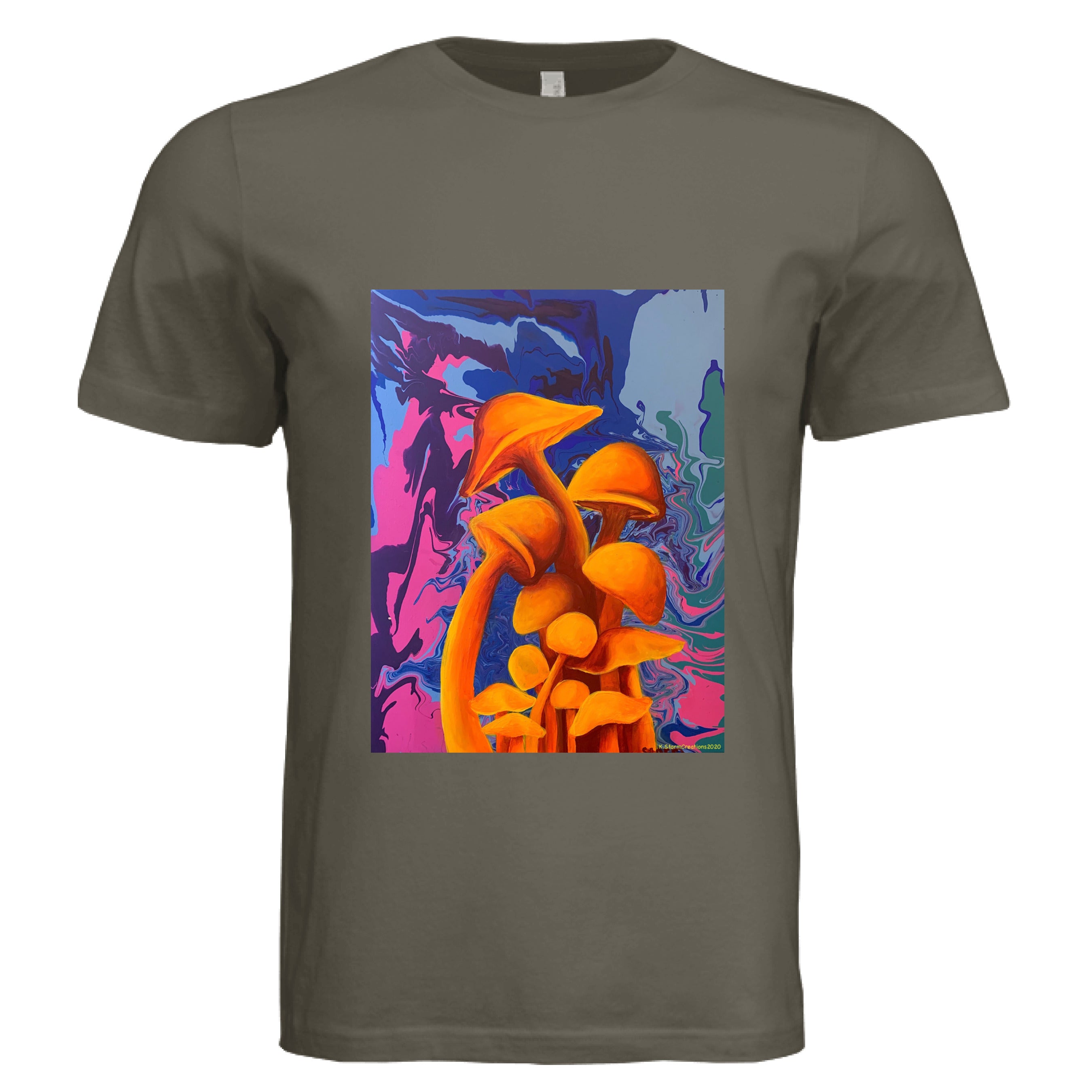 This is the Army Mushroom T-Shirt by Storm Garden Studio. This is showcasing the front of the shirt. The illustration is of 11 blazing orange fungis with a swirling background that includes blue, green, dark blue, purple and pink colors. The mushrooms are different shapes and sizes starting form the middle and reaching towards the top. It is against a white background.