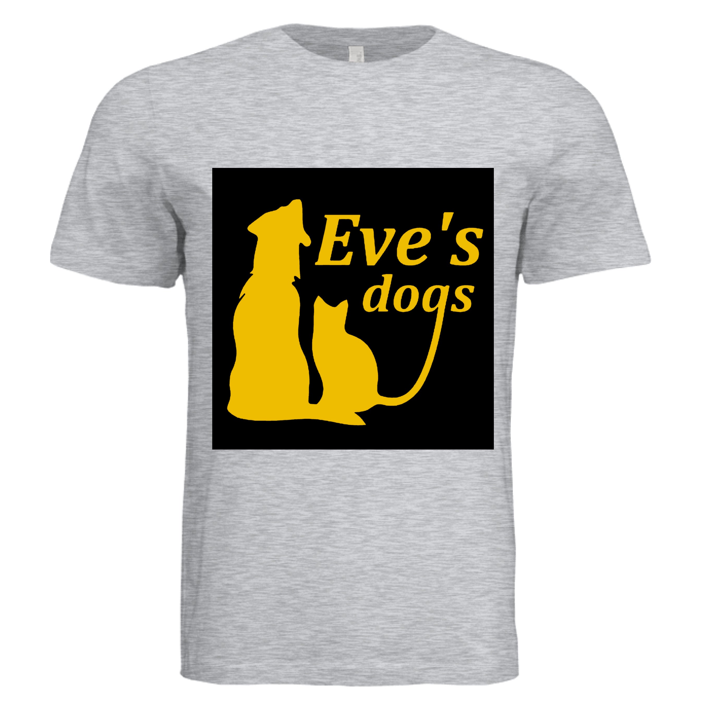 This is the Ash Adopt Eve's Dogs T-Shirt to help raise awareness and adopt. This is showcasing the front of the shirt. There is an image of their logo which the background is black, yellow writing of "Eve's Dogs". The "g" connects to the tail of the cat who is sitting next to the dog. Both are yellow shadows. The white size label can be seen at the inside of the shirt. It is against a white background.