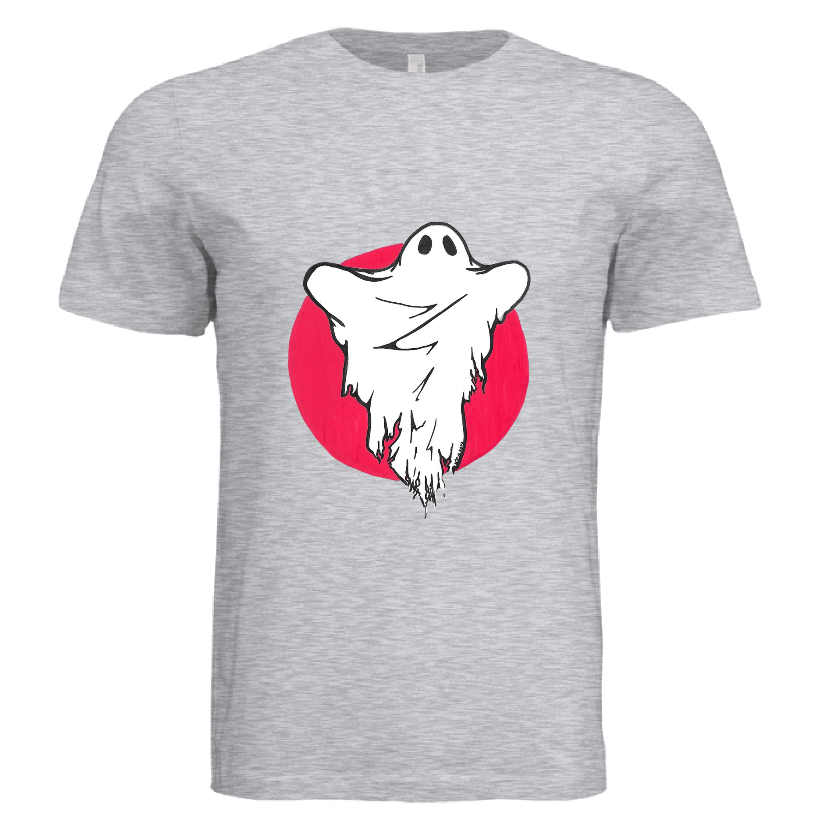 This is the Ash Ghost T-Shirt by Storm Garden Studio. This is showcasing the front of the shirt. The illustration has a red circular background and a white ghost with black outline and black wrinkling around the middle. It is against a white background.