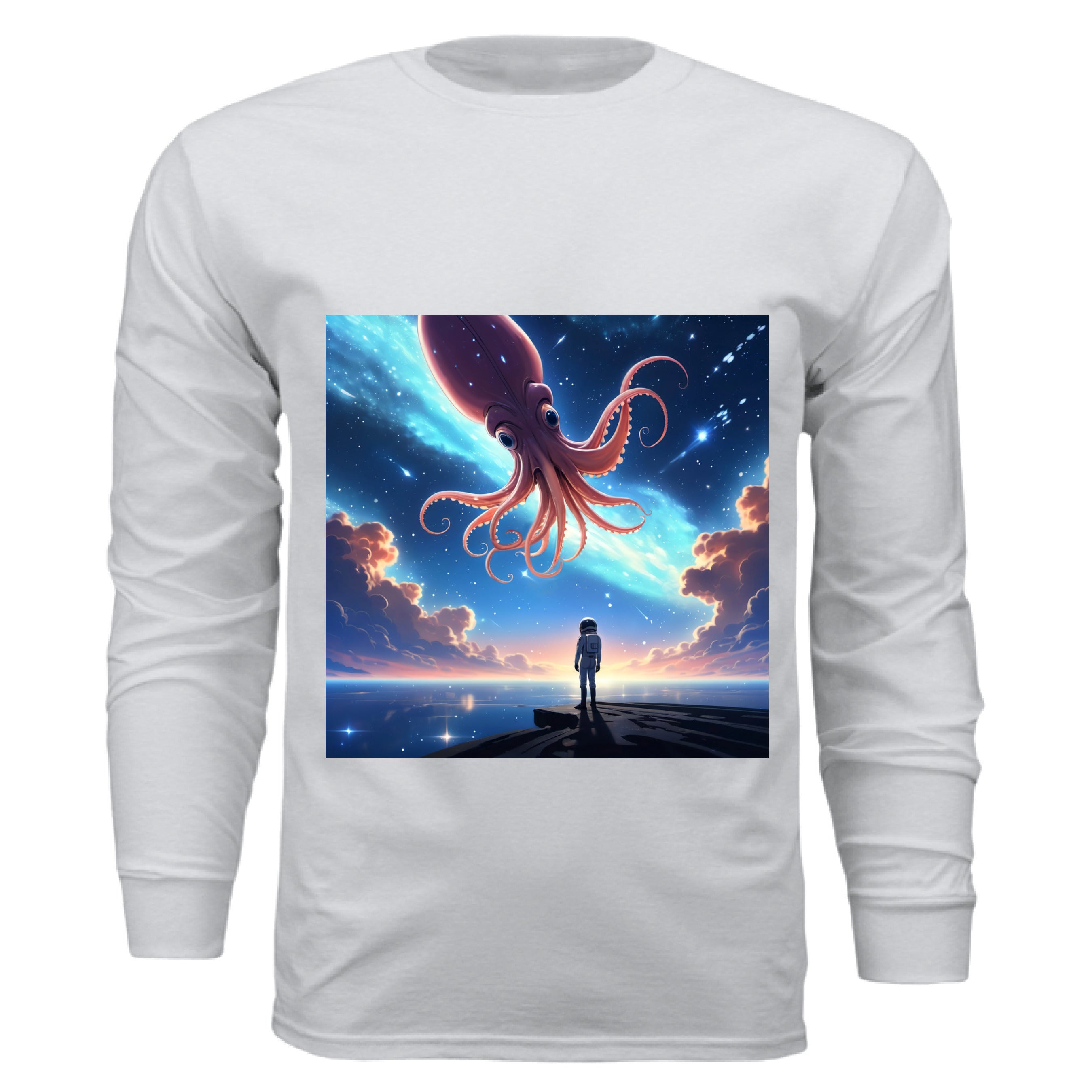 This is the Ash Star Maker Long Sleeve by Lee Hansheng Studios. The illustration features a lone astronaut in white, standing on a dark surface gazing at a pink octo-squid alien, drifting through a sky. The sky is alive with stars, nebulae, and clouds. The clouds are drifting up at the right and left with pink/blue hues. The sky is a light blue and the drifting stars behind the animal is a light blue. It is against a white background.
