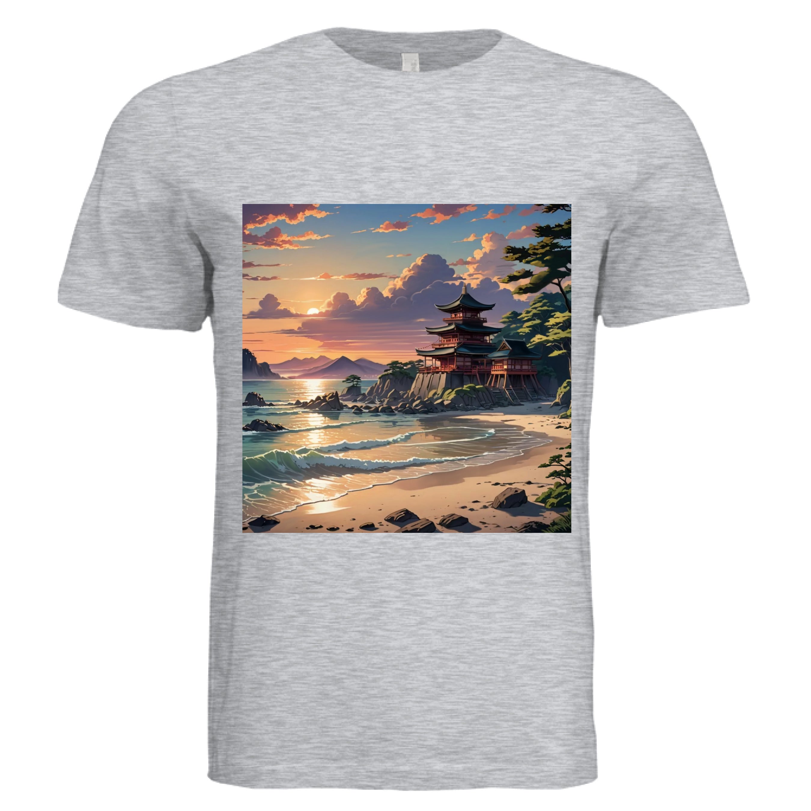 This is the Ash Temple of Peace Muscle Tank by Lee Hansheng Studios. This is showcased from the front. The illustration in the forefront are crashing light blue, white waves hitting the tan beach, scattered rocks lining the beach to the right where trees are peaking out. In the back is a temple on rocky land that is red with green/black tops. In the background are more mountains and fluffy clouds with the sun rising. The sky is mixed with blue, yellow and red colors.It is against a white background.