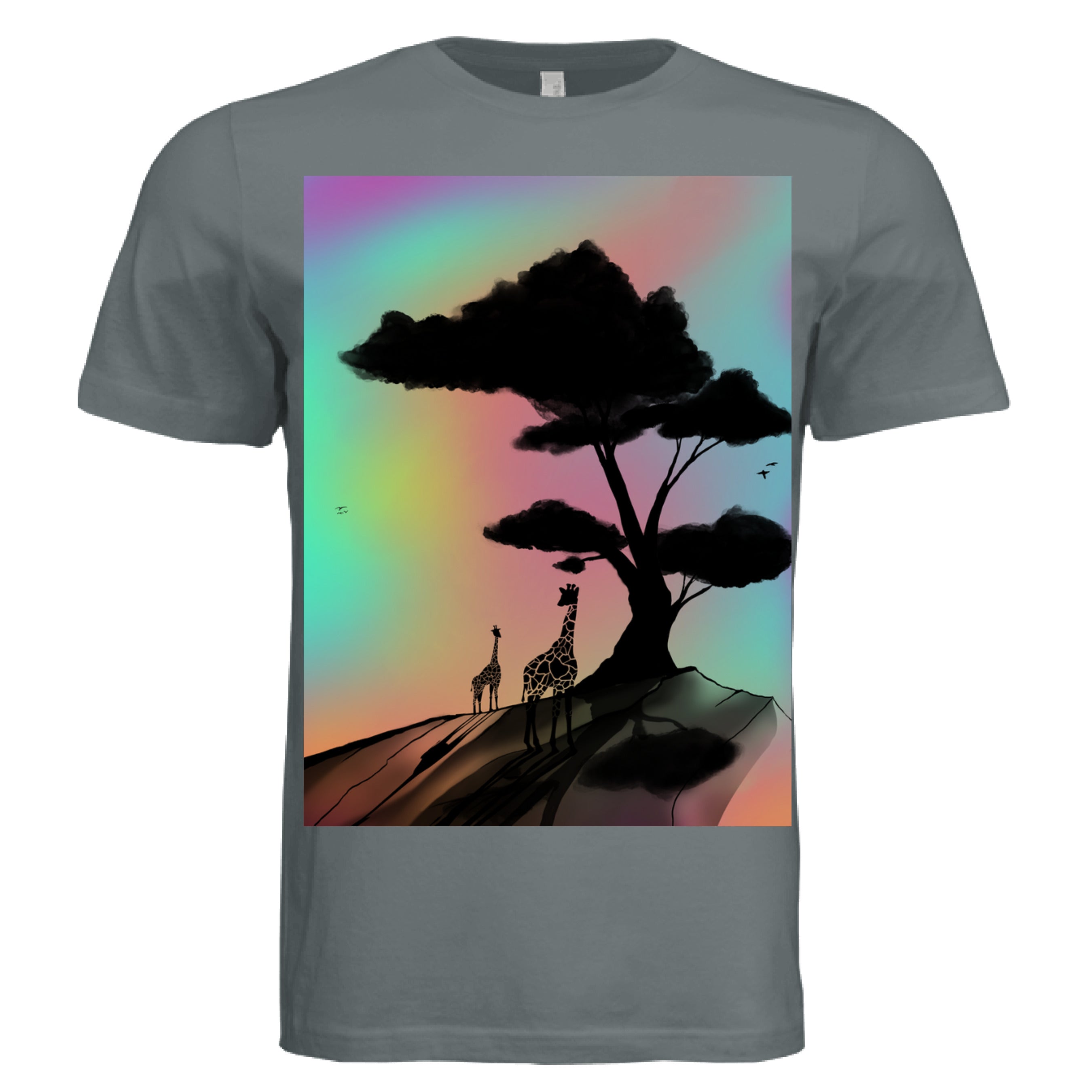 This is the Asphalt At A Glance T-Shirt by Lee Hansheng Studios. This is showcasing the front of the shirt. The illustration is a sillouhette of a large tree, two giraffes on a rocky hill. In the background are hues and gradients of green, yellow, purple, and red. The giraffes are looking towards to each other. It is against a white background.