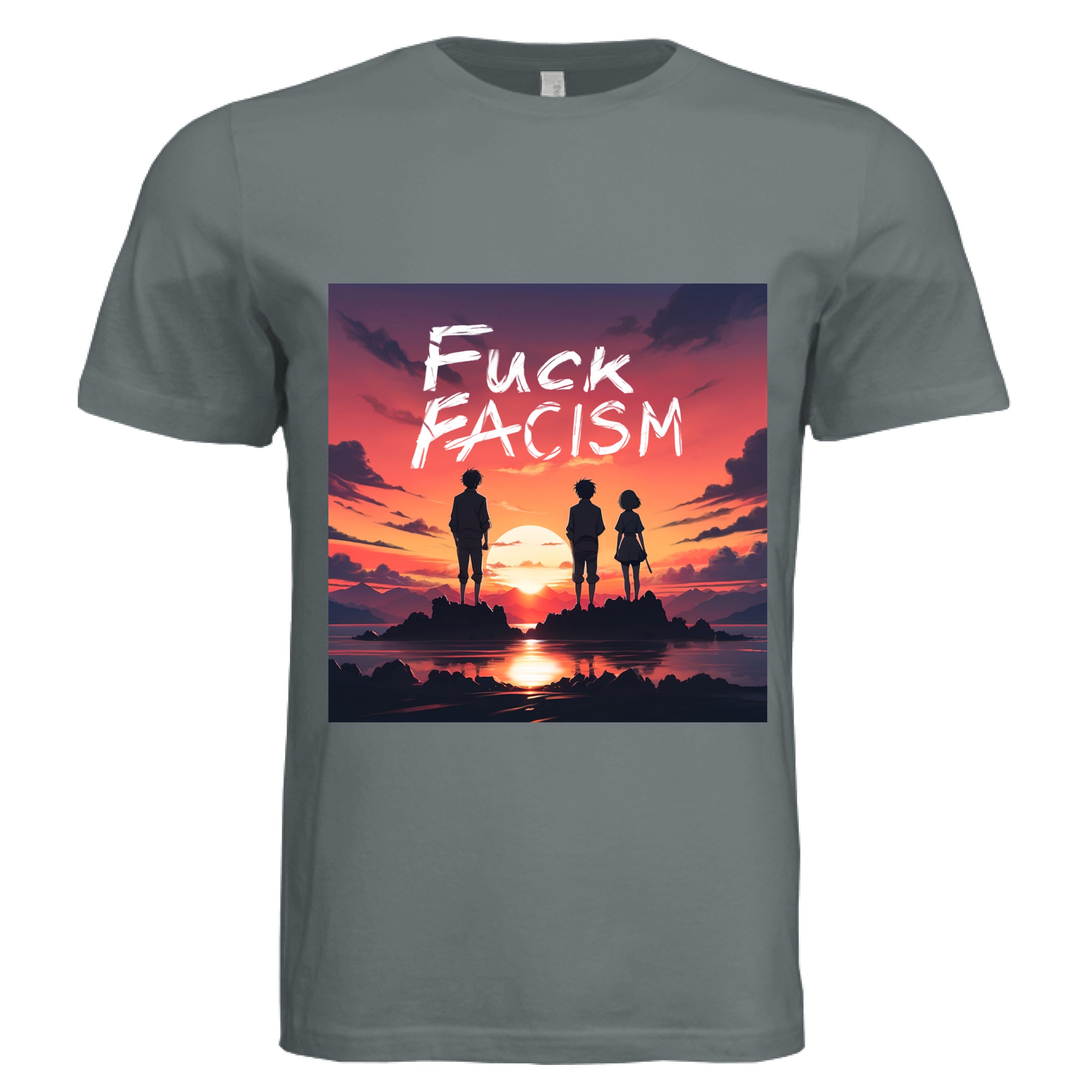 This is the Asphalt Fuck Fascism T-Shirt by Lee Hansheng Studios. This is showcasing the front of the shirt. The illustration has a blazing yellow/red sunset sky, three figures, two guys, one lady stand united, their silhouettes facing towards the sunset on rocky land floating in the middle of the water. The words in white, "FUCK FACISM" near the top. Clouds surrounding the right and left of the shirt. The white size label can be seen from the back of the shirt. It is against a white background.