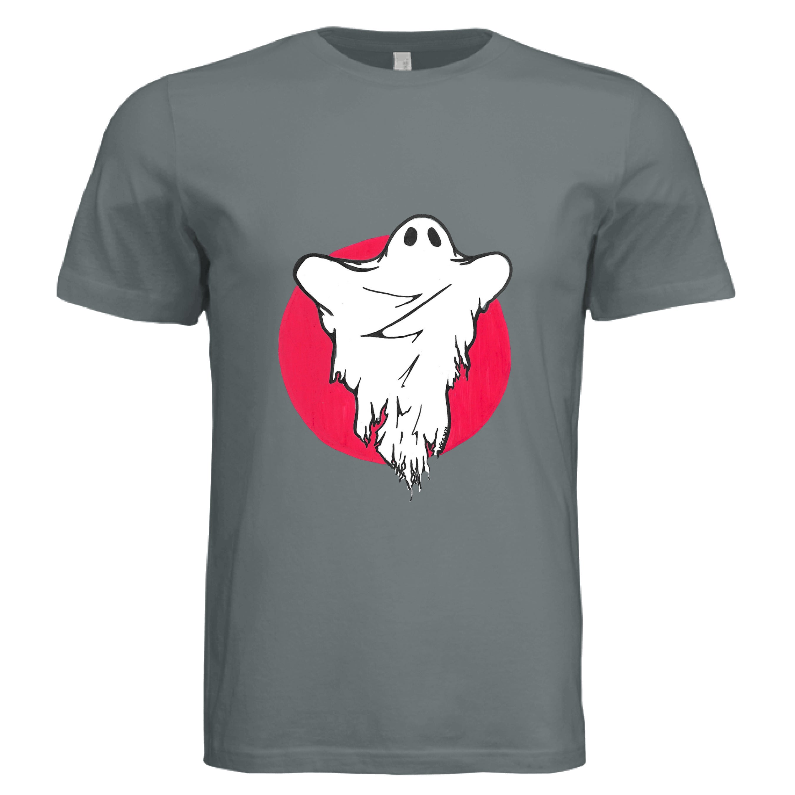This is the Asphalt Ghost T-Shirt by Storm Garden Studio. This is showcasing the front of the shirt. The illustration has a red circular background and a white ghost with black outline and black wrinkling around the middle. It is against a white background.