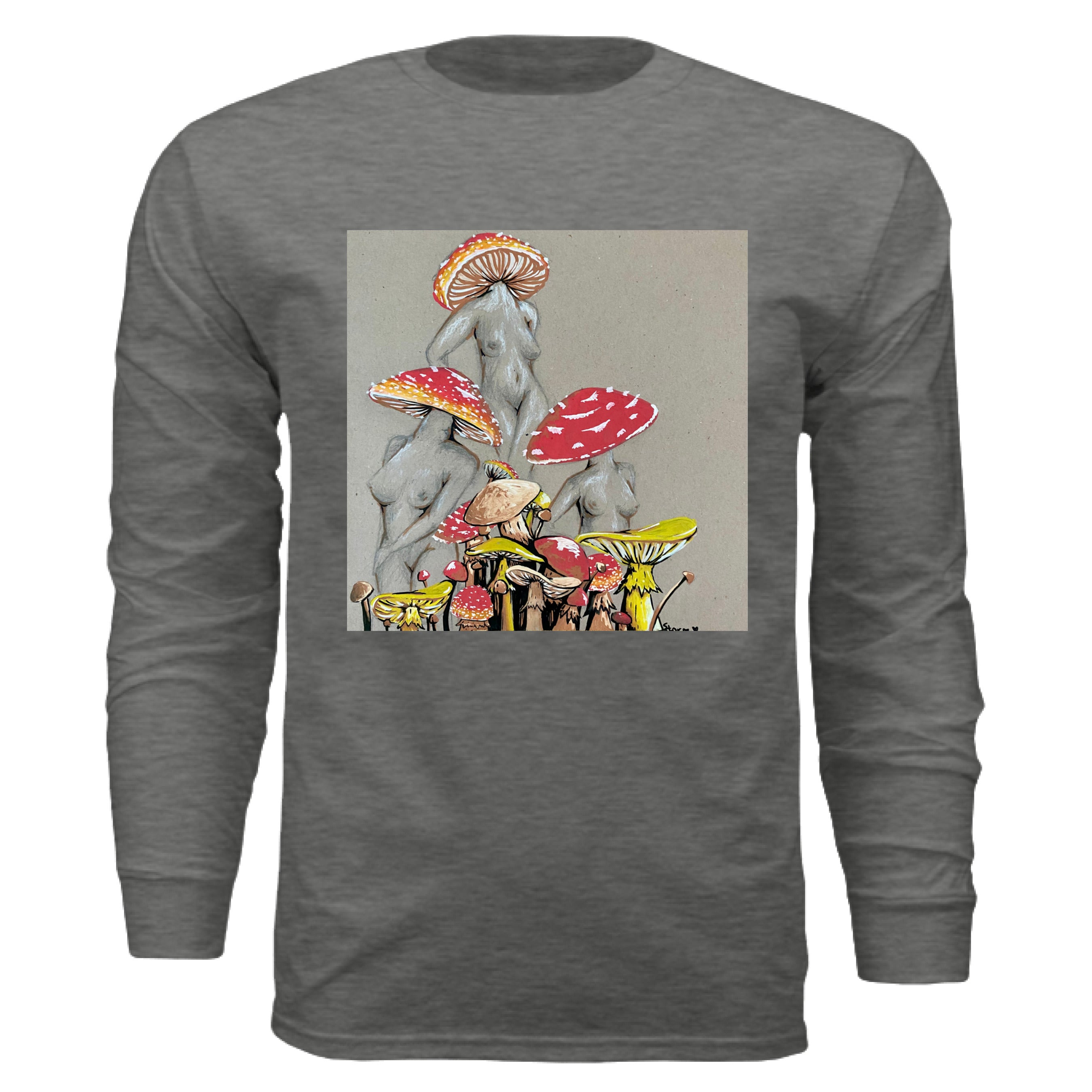 This is the Asphalt Miss Amanita Long Sleeve by Storm Garden Studio. This is showcasing the front. This illustration is on tan/grey background. There are three fusions of female human anatomy and mushroom fungi. Their heads are different styles of mushrooms, bodies are a gray/white outlined in brown. Below are different mushrooms and shapes with a mix of tan, red, white and yellow colors. It is against a white background.