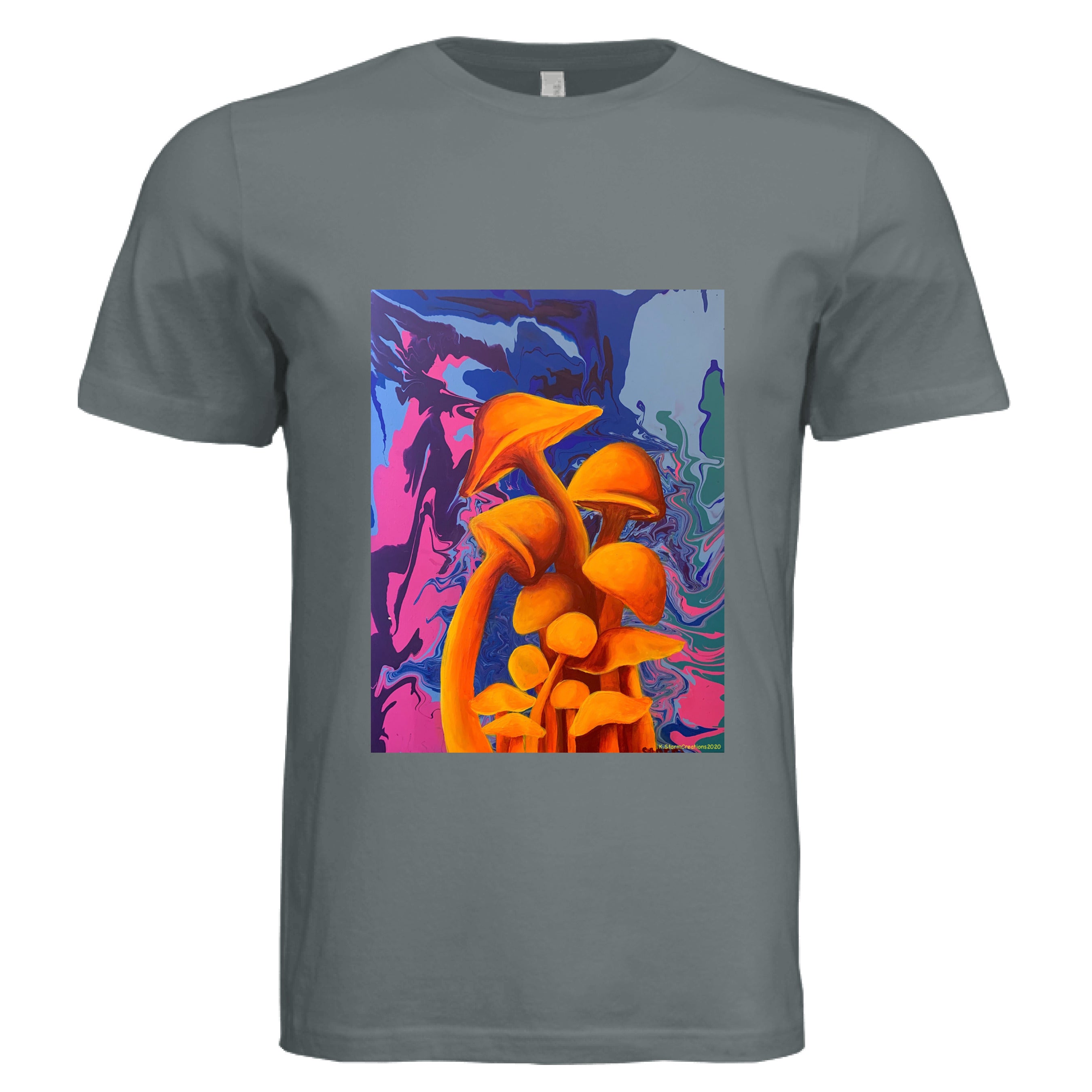This is the Asphalt Mushroom T-Shirt by Storm Garden Studio. This is showcasing the front of the shirt. The illustration is of 11 blazing orange fungis with a swirling background that includes blue, green, dark blue, purple and pink colors. The mushrooms are different shapes and sizes starting form the middle and reaching towards the top. It is against a white background.