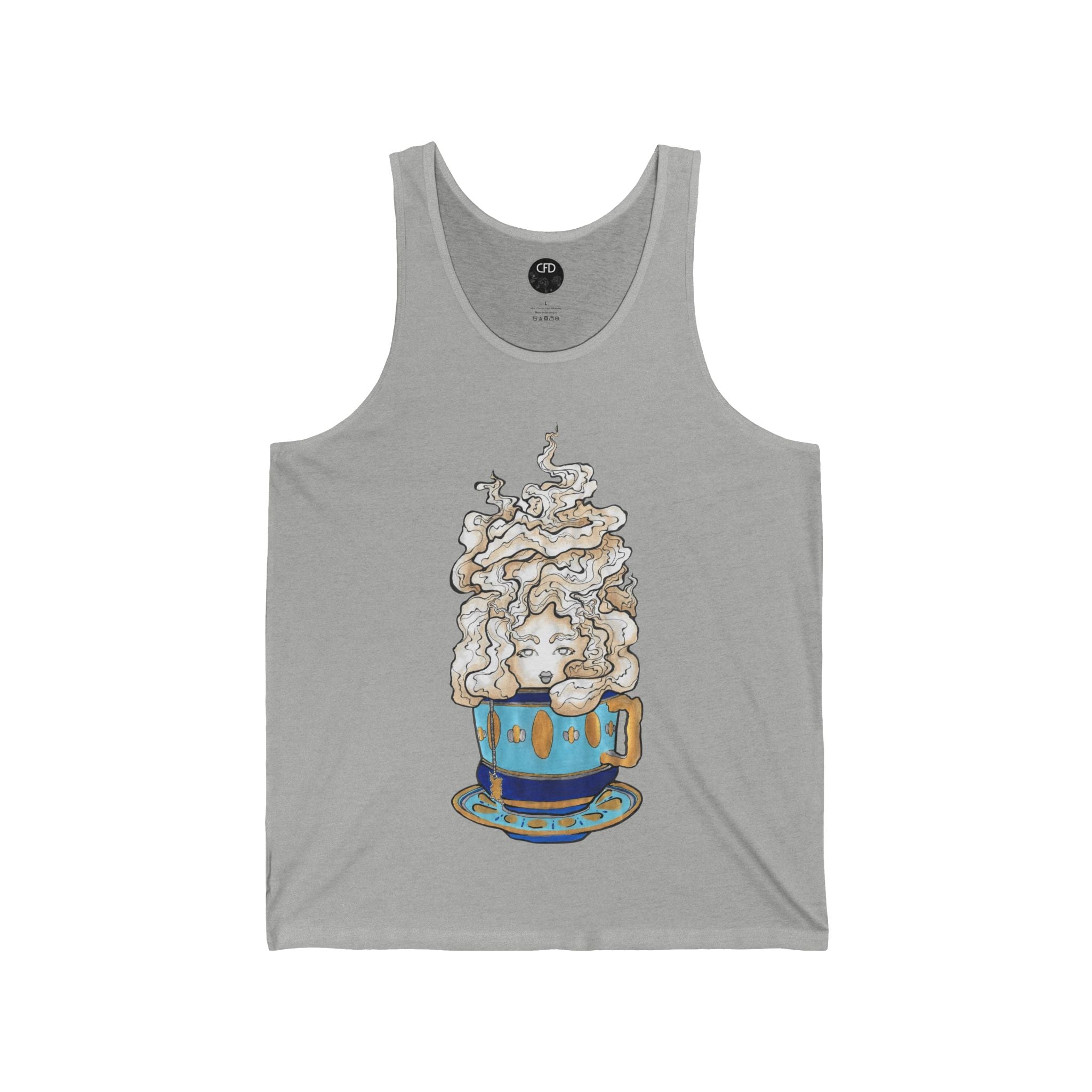 This is the Athletic Heather Earl Grey Tank by Chris Foster Design. This showcases the front of the tank. The illustration is of a gold, light blue and dark blue teacup with a tan, yellow and white steam. The steam is swirly and goes up and outwards. In the middle is a lady's face. The circular studio logo is on the inside of the tank printed in white, the size label is printed in white. It is against a white background.