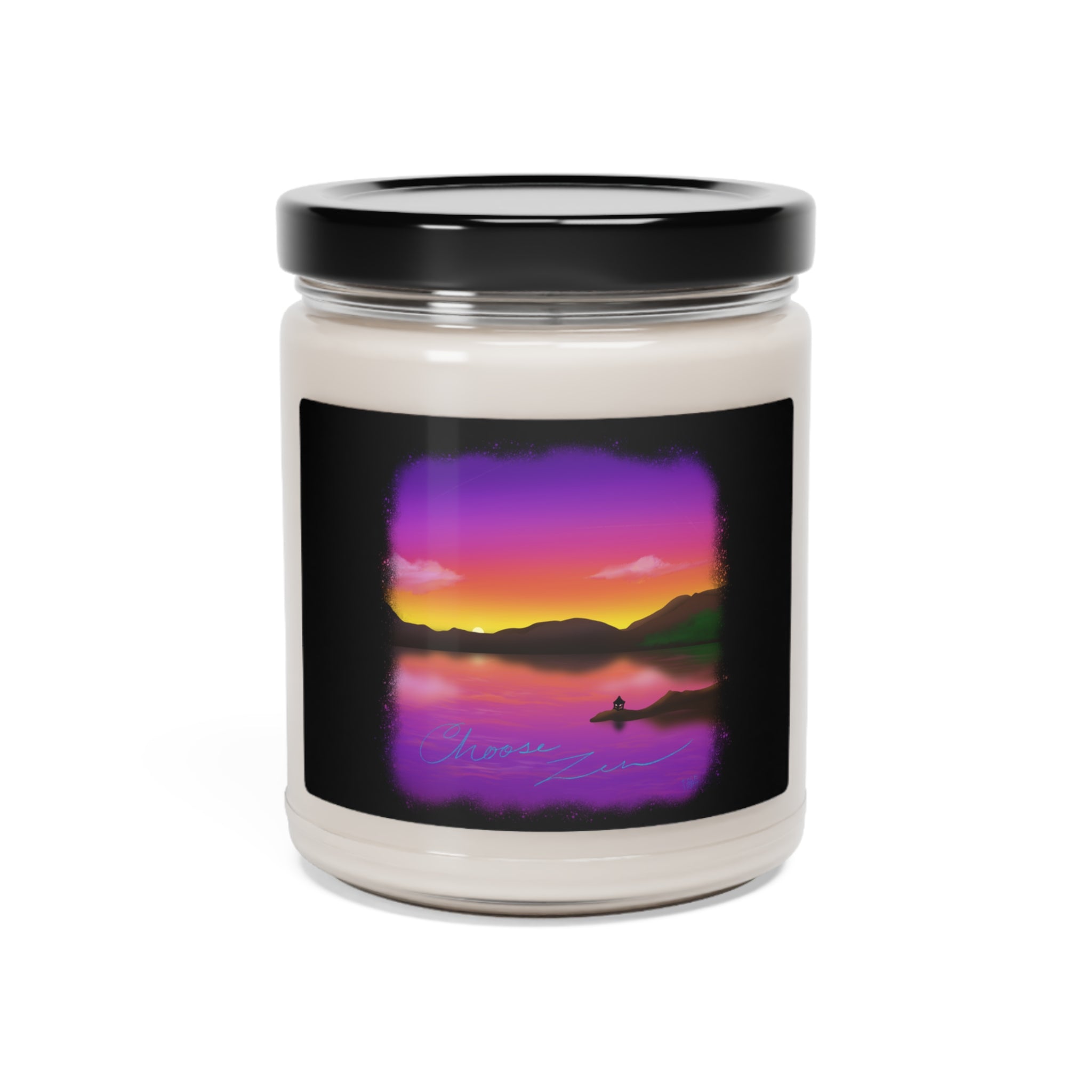 This is the Atlantis Whisper Choose Zen Scented Soy Candle by Lee Hansheng Studios. The illustration is a landscape when the sun is setting from a lake.It's surrounded by black like an old time photo and phases into purple,pink,red,orange then yellow where you can see the darker green hills.The candle has a 'Choose Zen' illustration on the label in blue. The black lid is twisted on. It is against a white background.