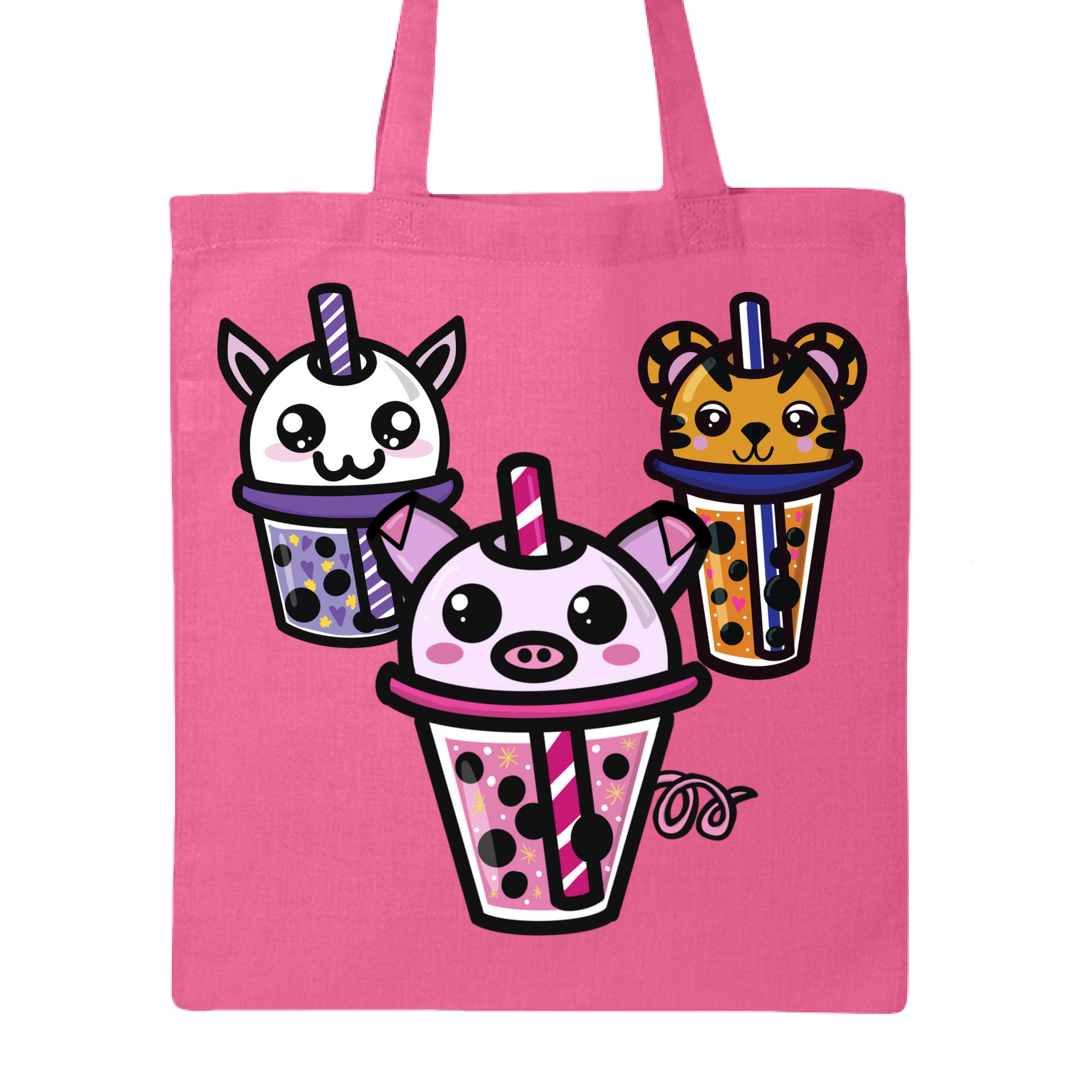 This is the Azalea Boba Friends Canvas Tote by Dazzle & Daggers Design. This is showcasing the front that features three kawaii designs.The Piggy Boba is pink all over and the glass has pink liquid, boba, yellow sparkles,white dots and peppermint swirl like. Thai Tea Tiger is orange, orange liquid, black boba, white dots, red hearts, blue and white striped straw. The Cryptid Boba is white, purple and white swirl straw, purple liquid, black boba, yellow stars and purple hearts.