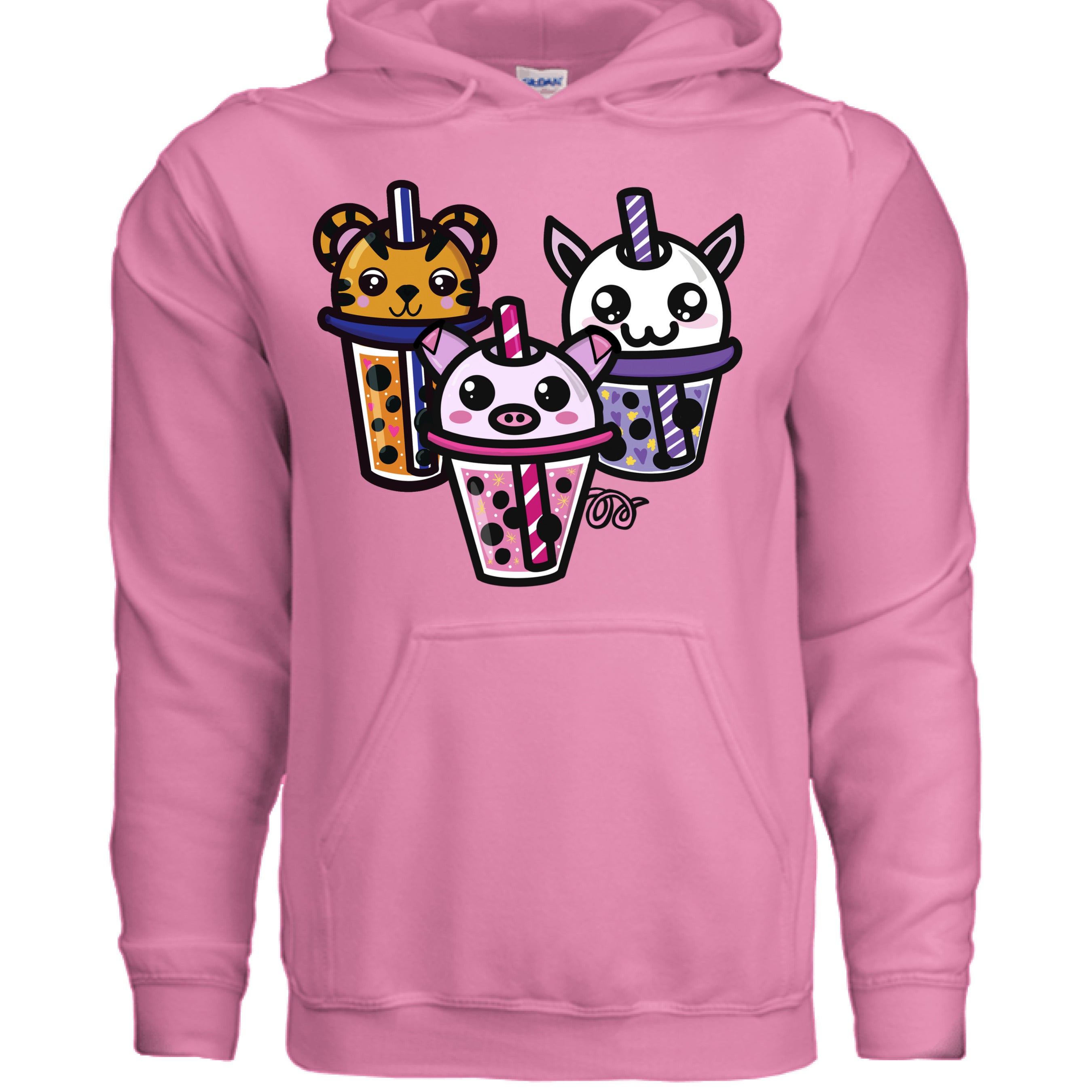 This is the Azalea Boba Friends Hoodie by Dazzle & Daggers Design.This is the front,three kawaii designs.The Piggy Boba is pink all over and the glass has pink liquid, boba, yellow sparkles,white dots and peppermint swirl like.Thai Tea Tiger is orange,orange liquid,black boba,white dots,red hearts,blue and white striped straw.The Cryptid Boba is white, urple and white swirl straw,purple liquid,black boba,yellow stars and purple hearts.The hood with drawstrings and large pocket below the design.