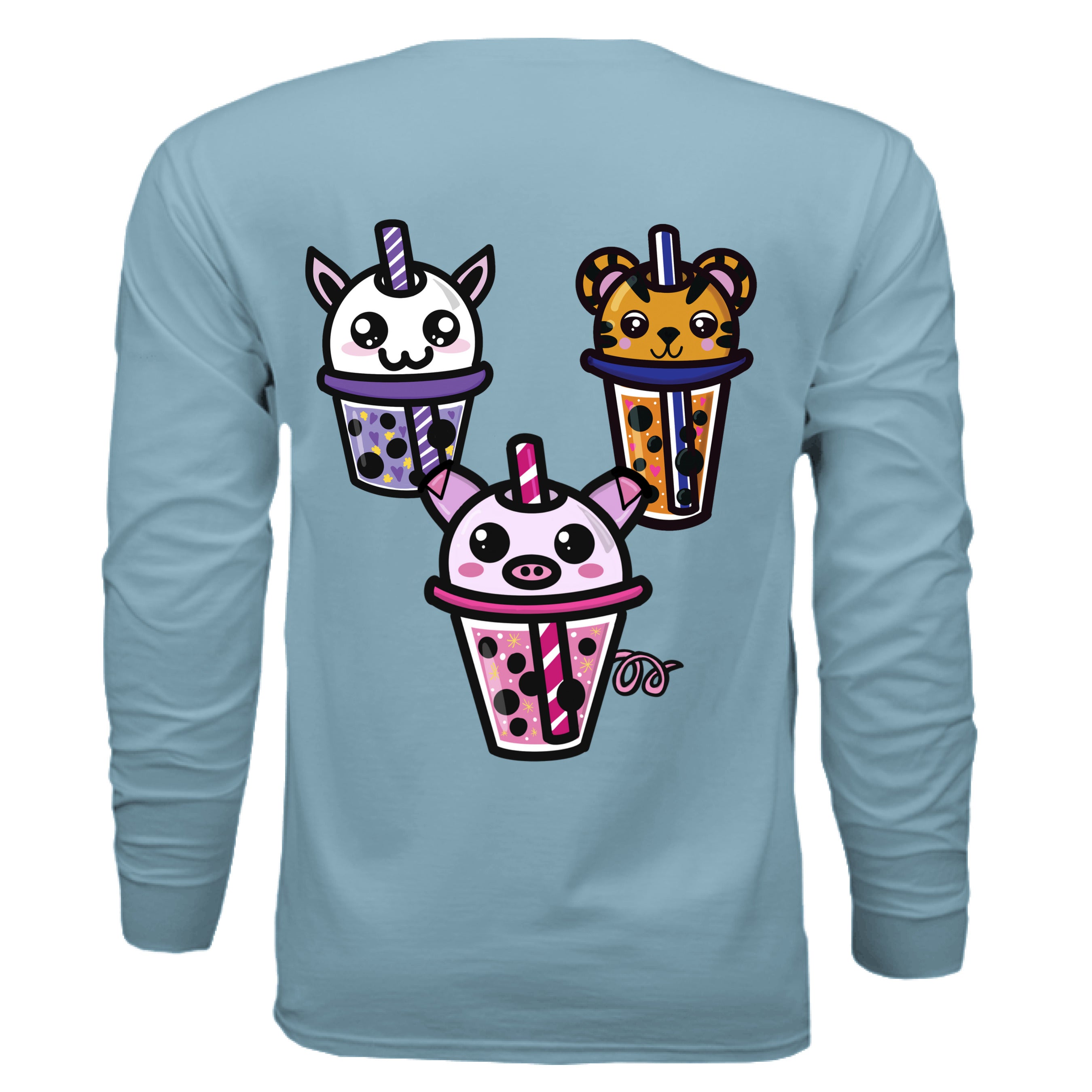 This is the Baby Blue Boba Friends Long Sleeve by Dazzle & Daggers Design. This is showcasing the back that features three kawaii designs in a triangle.The Piggy Boba is pink all over and the glass has pink liquid, boba, yellow sparkles,white dots and peppermint swirl like. Thai Tea Tiger is orange, orange liquid, black boba, white dots, red hearts, blue and white striped straw. The Cryptid Boba is white, purple and white swirl straw, purple liquid, black boba, yellow stars and purple hearts.