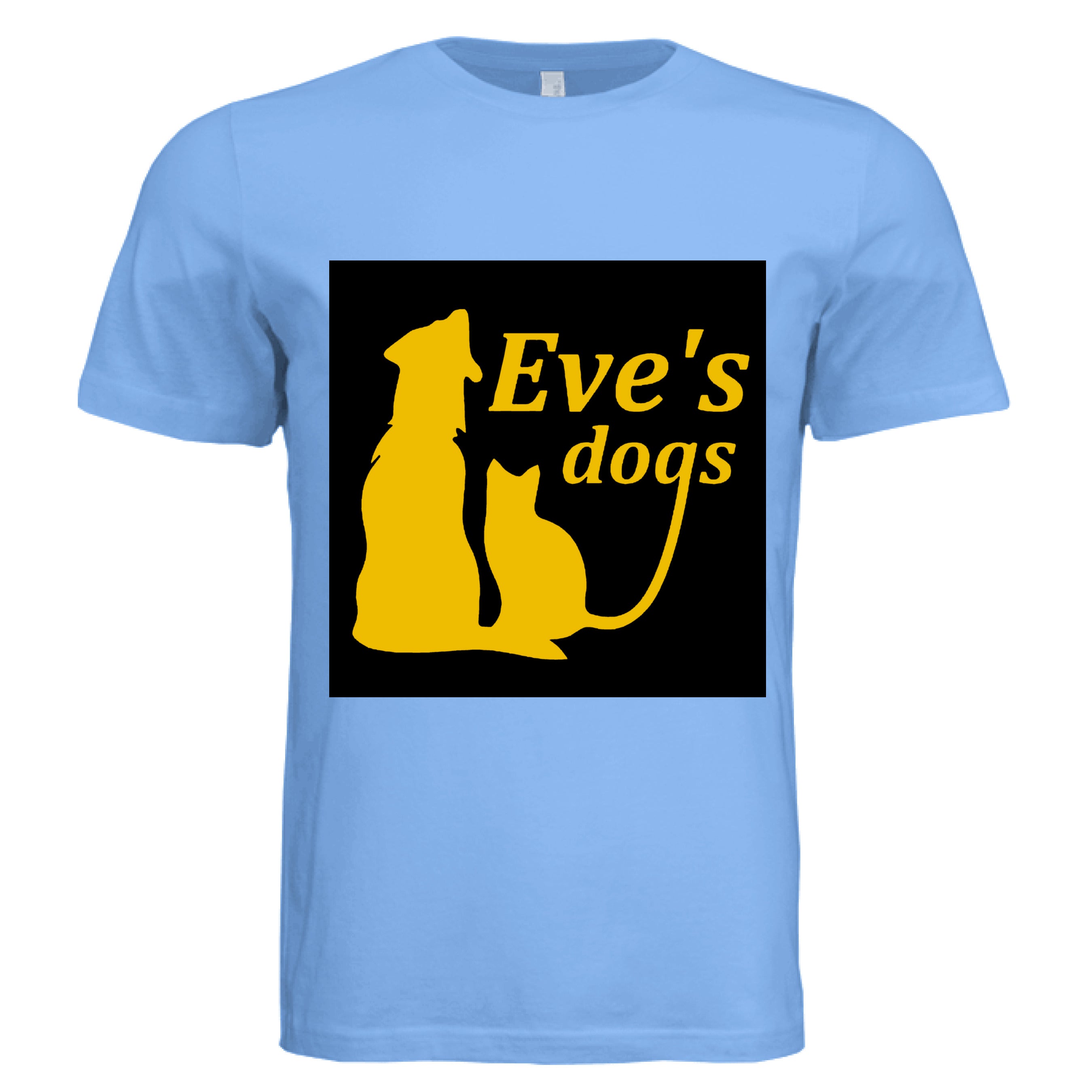 This is the Baby Blue Adopt Eve's Dogs T-Shirt to help raise awareness and adopt. This is showcasing the front of the shirt. There is an image of their logo which the background is black, yellow writing of "Eve's Dogs". The "g" connects to the tail of the cat who is sitting next to the dog. Both are yellow shadows. The white size label can be seen at the inside of the shirt. It is against a white background.