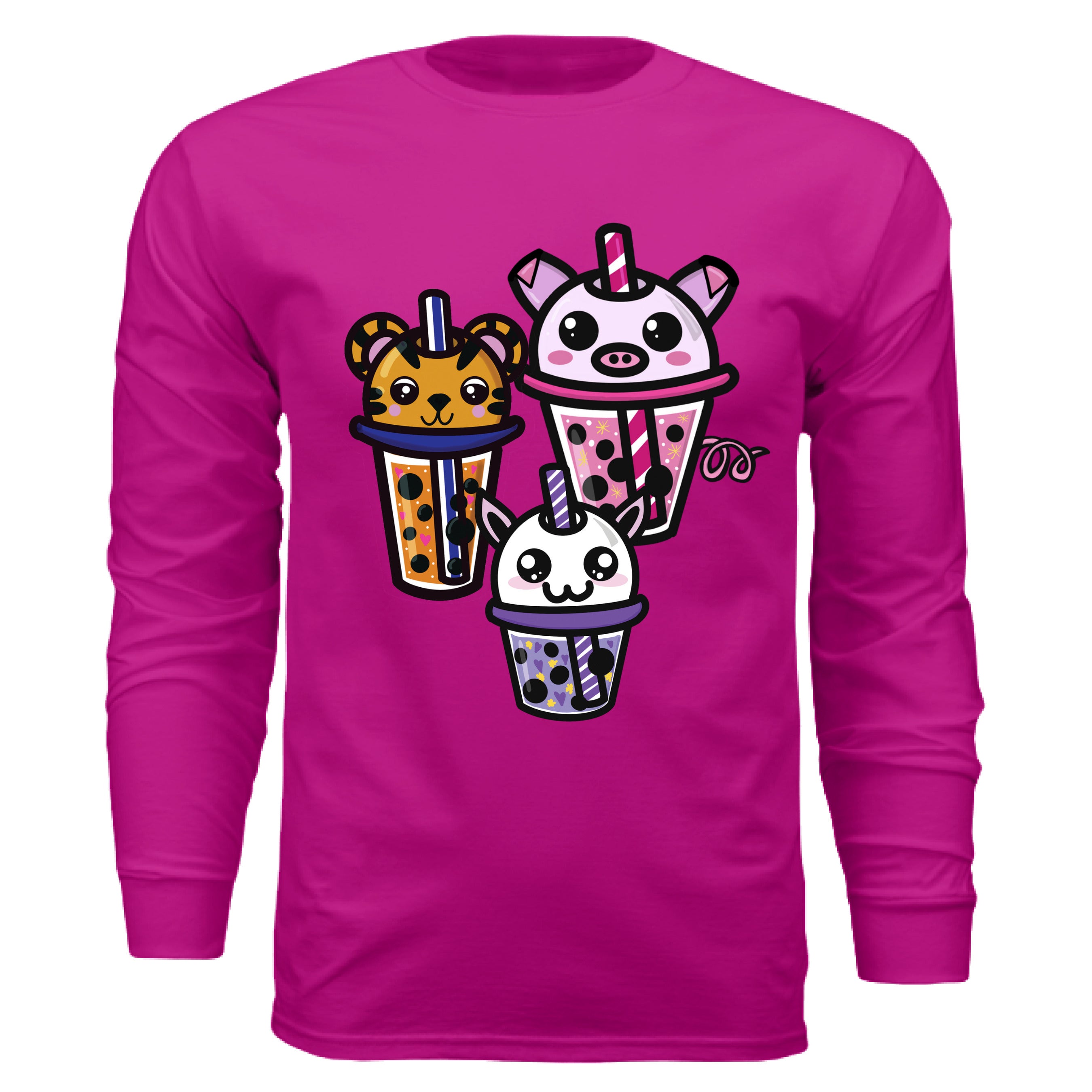 This is the Berry Boba Friends Long Sleeve by Dazzle & Daggers Design. This is showcasing the front the pig is the biggest, then Tiger then Cryptid. The Piggy Boba is pink all over and the glass has pink liquid, boba, yellow sparkles,white dots and peppermint swirl like. Thai Tea Tiger is orange, orange liquid, black boba, white dots, red hearts, blue and white striped straw. The Cryptid Boba is white, purple and white swirl straw, purple liquid, black boba, yellow stars and purple hearts.