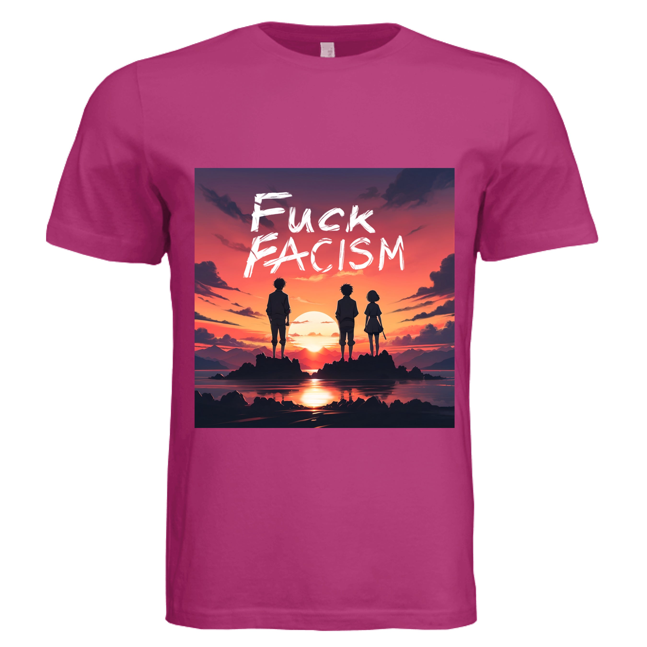 This is the Berry Fuck Fascism T-Shirt by Lee Hansheng Studios. This is showcasing the front of the shirt. The illustration has a blazing yellow/red sunset sky, three figures, two guys, one lady stand united, their silhouettes facing towards the sunset on rocky land floating in the middle of the water. The words in white, "FUCK FACISM" near the top. Clouds surrounding the right and left of the shirt. The white size label can be seen from the back of the shirt. It is against a white background.