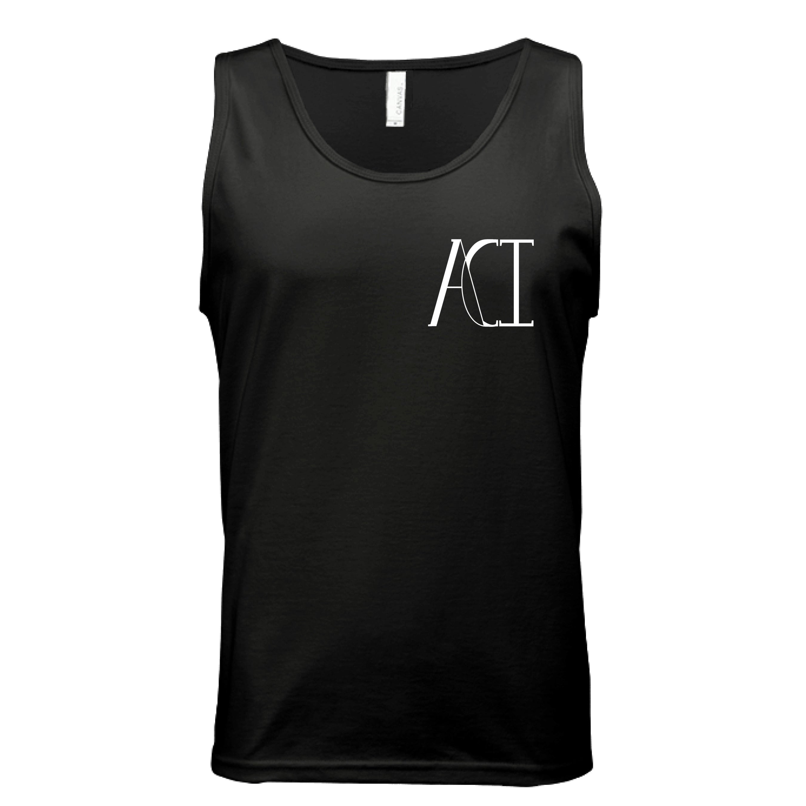 This is the Black ACI Tank by the Art Collective International. This is showcasing the front of the tank. The image on the left breast pocket is of the ACI logo. It is printed in white and the size label can be seen on the back of the tank. The tank is against a white background.