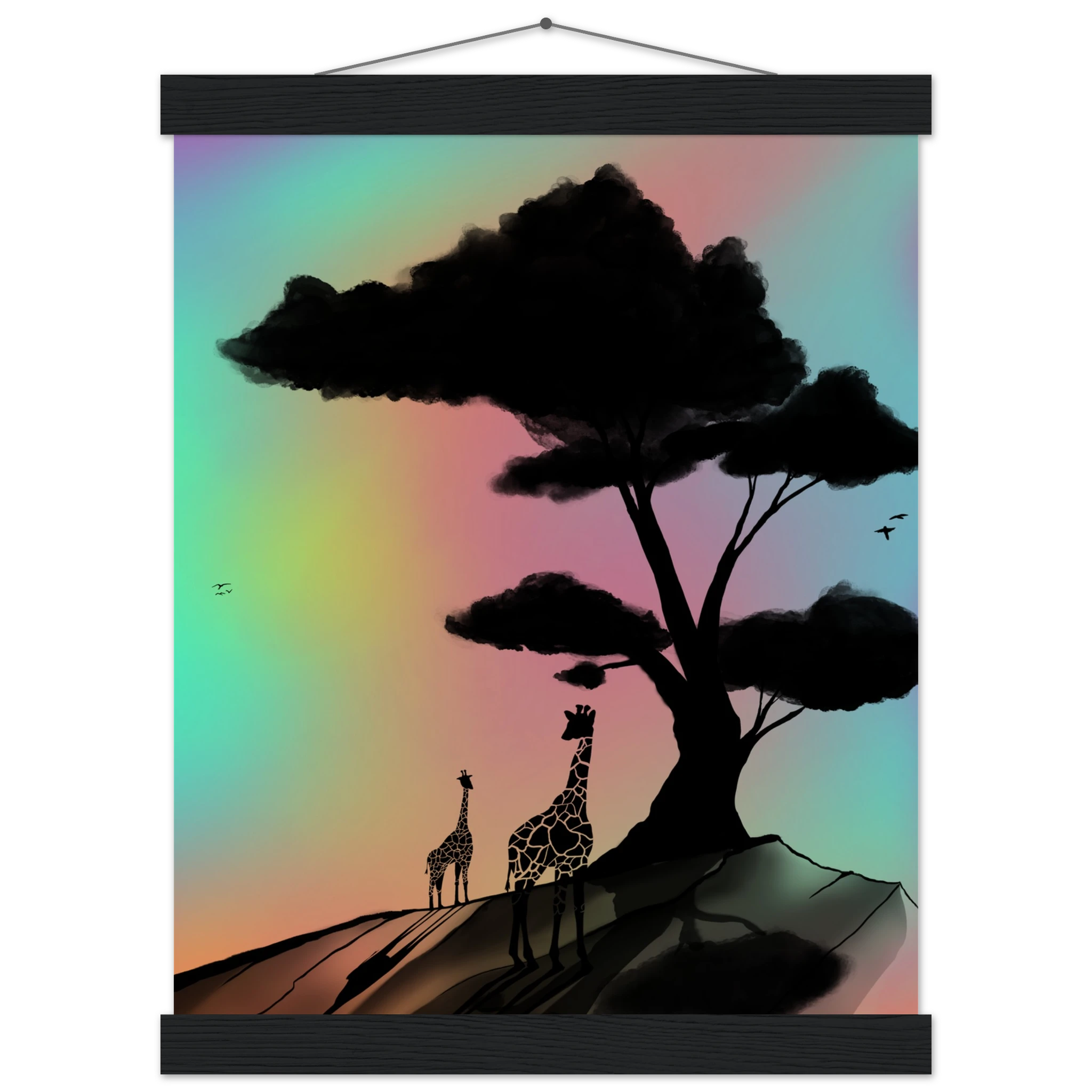 This is the Black 11" x 14" At a Glance Poster with Hanger by Lee Hansheng Studios. The hanger is on the top with wood pieces on the top and bottom. The illustration is a sillouhette of a large tree, two giraffes on a rocky hill. In the background are hues and gradients of green, yellow, purple, and red. The giraffes are looking towards to each other. It is against a white and black checkered background.