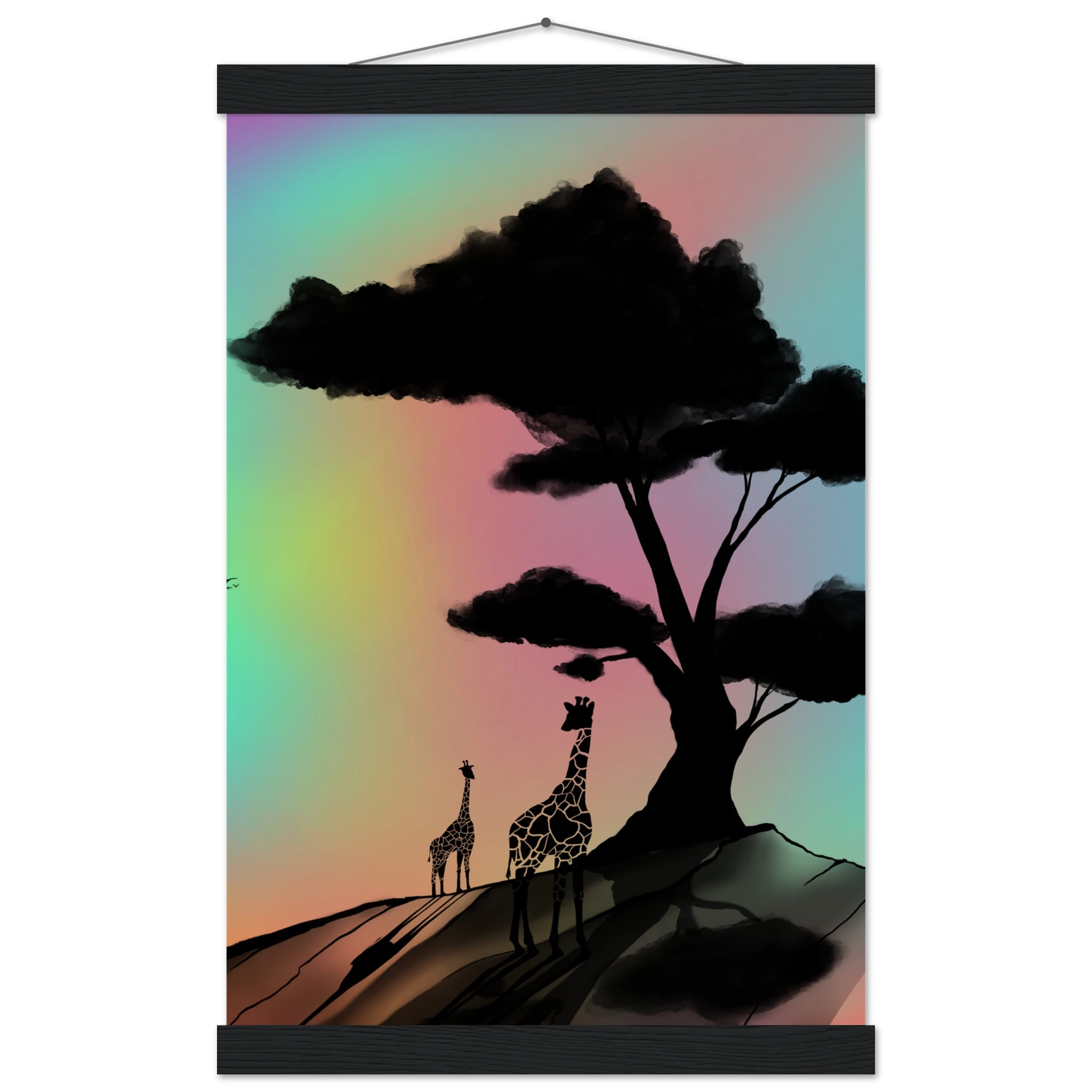 This is the Black 11" x 17" At a Glance Poster with Hanger by Lee Hansheng Studios. The hanger is on the top with wood pieces on the top and bottom. The illustration is a sillouhette of a large tree, two giraffes on a rocky hill. In the background are hues and gradients of green, yellow, purple, and red. The giraffes are looking towards to each other. It is against a white and black checkered background.