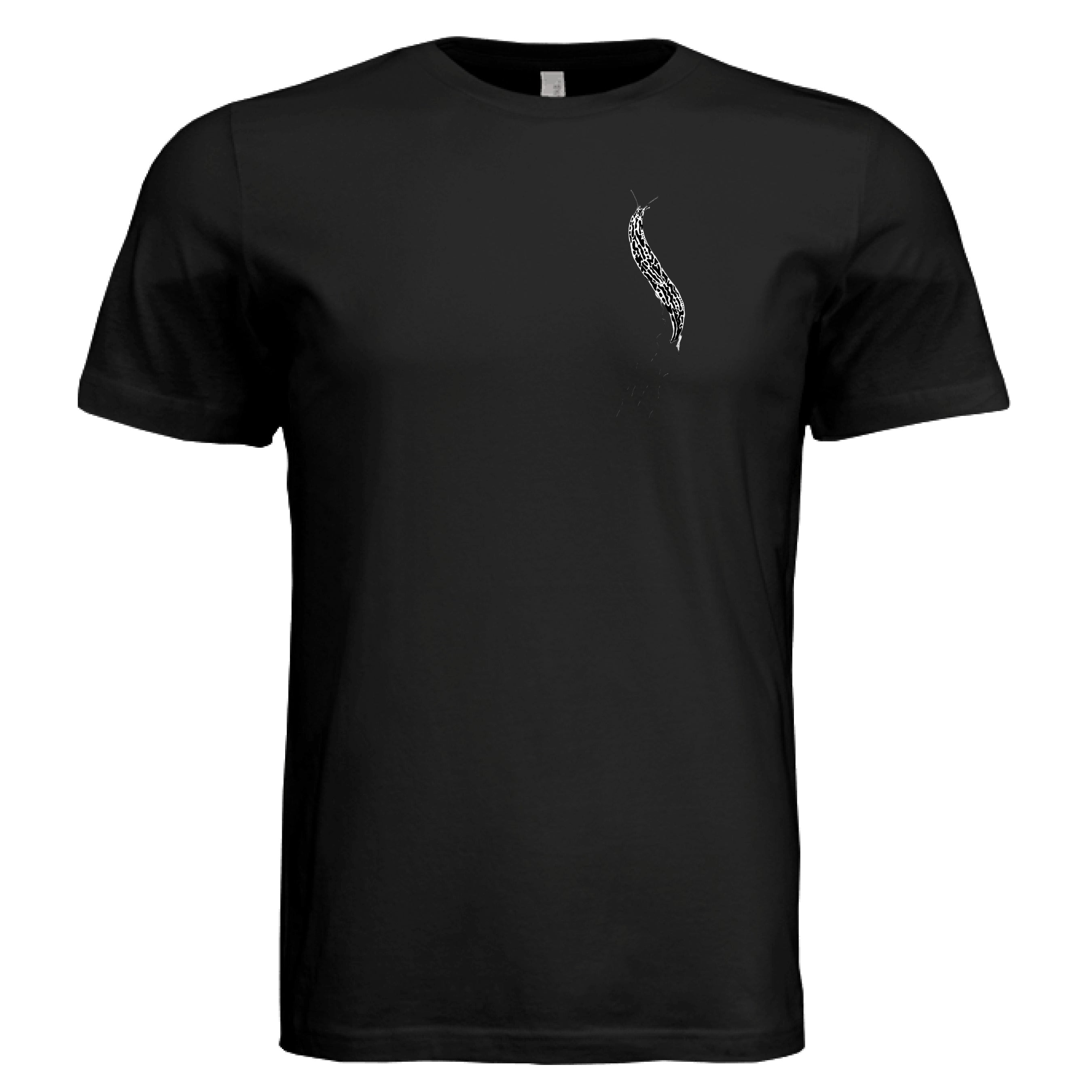 This is the Black Banana Slug T-Shirt by Storm Garden Studio. This showcases the front of the shirt. There is a banana slug in black and white on the left chest. There is a large pouch too. It is against a white background.