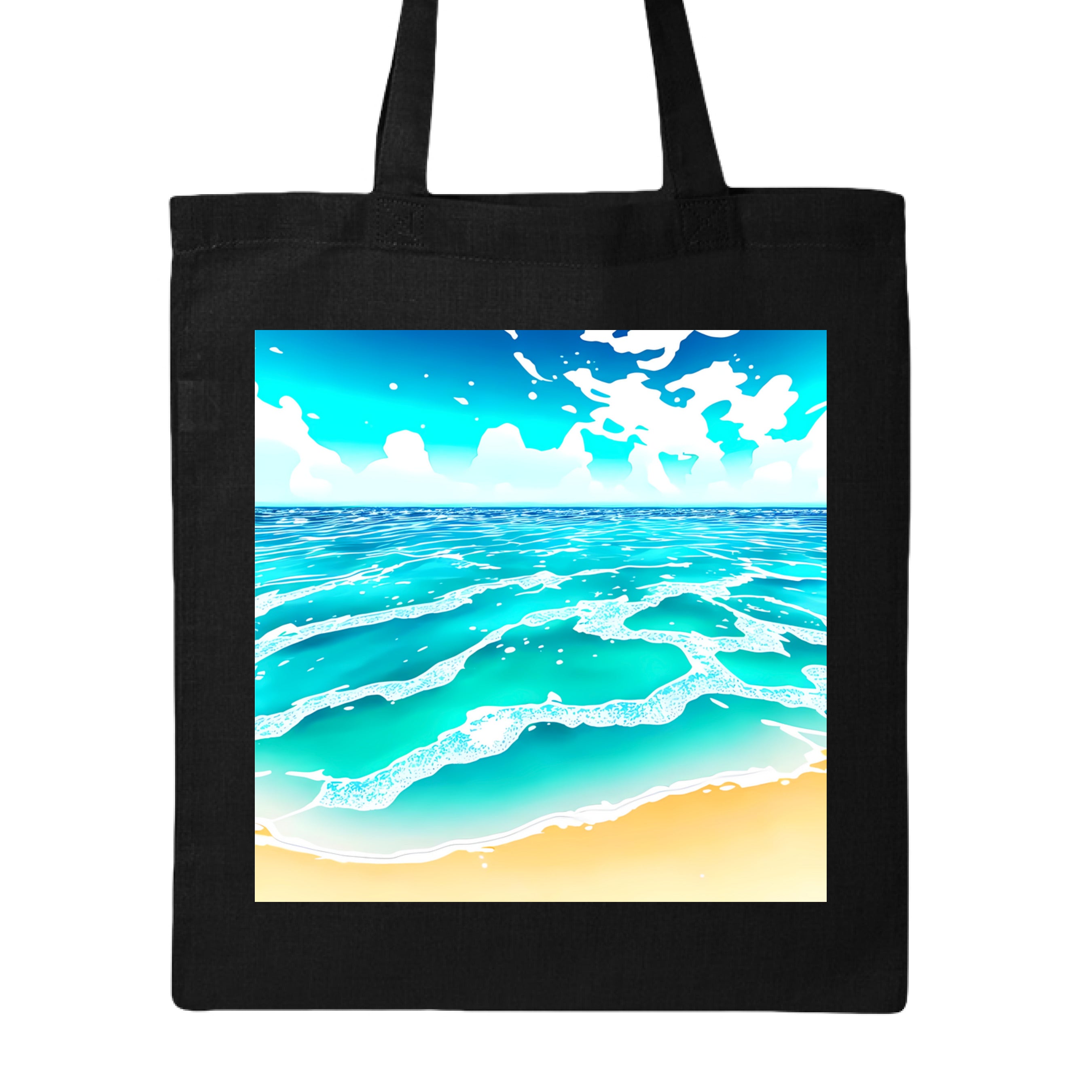 This is the Black Beach Life Canvas Tote by Lee Hansheng Studios. This showcases the front of the tote. The squared illustration captures rolling turquoise waves, crisp white foam, and a stretch of golden sand under a brilliant blue sky that has clouds floating in the horizon. The sky is a gradient from light blue to darker blue. The tote is against a white background.