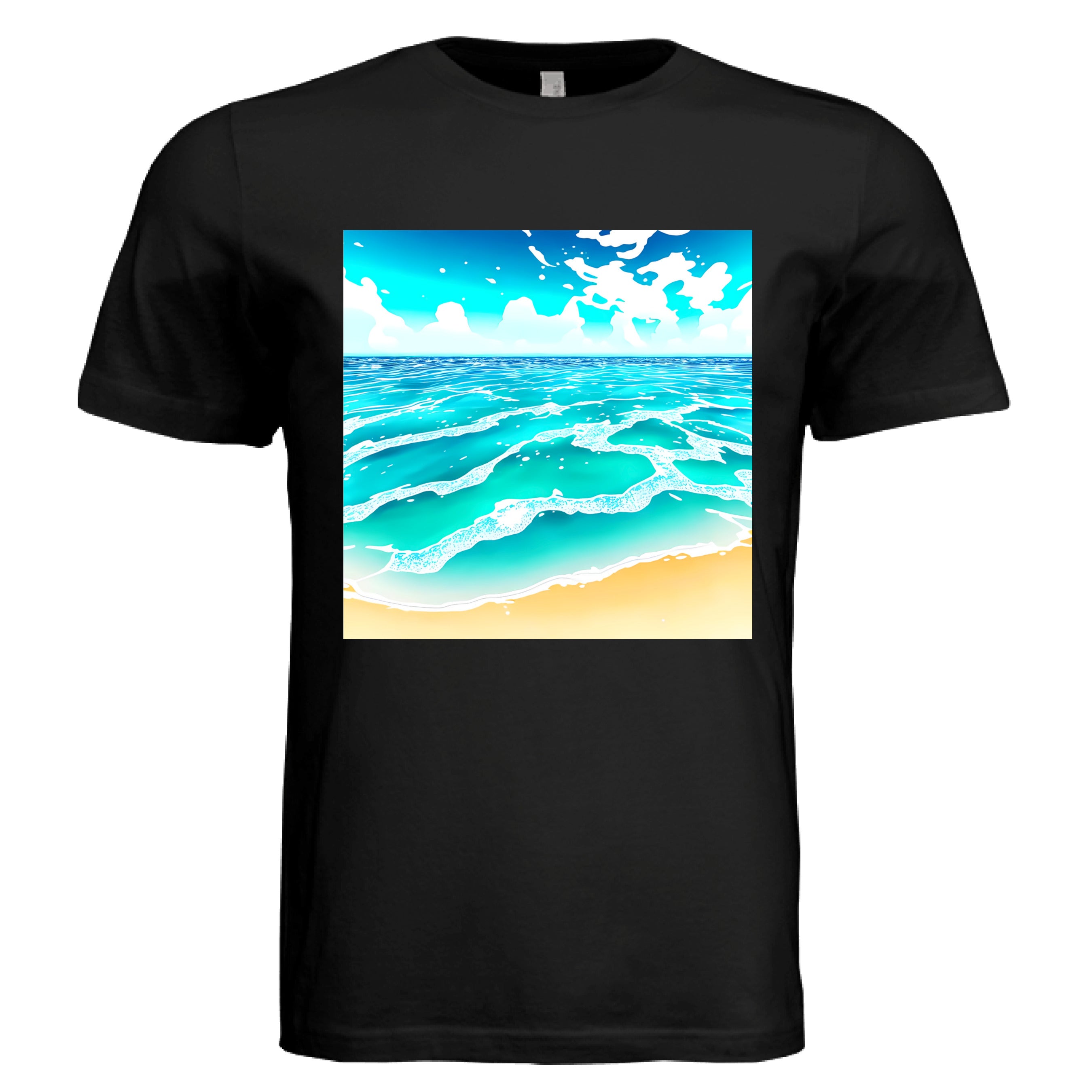 This is the Black Beach Life T-Shirt by Lee Hansheng Studios. This showcases the front of the shirt. The squared illustration captures rolling turquoise waves, crisp white foam, and a stretch of golden sand under a brilliant blue sky that has clouds floating in the horizon. The sky is a gradient from light blue to darker blue. The shirt is against a white background.