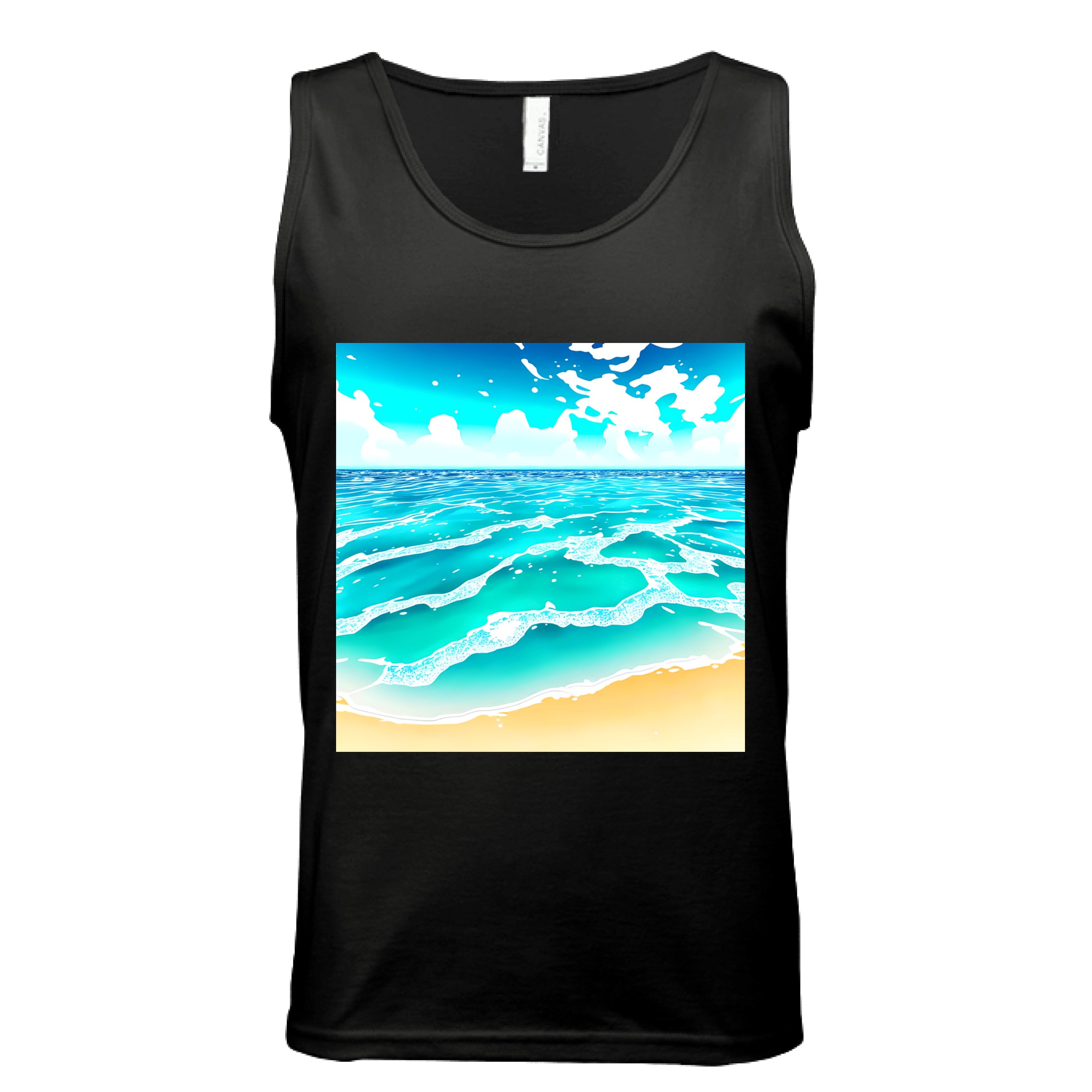 This is the Black Beach Life Tank by Lee Hansheng Studios. This showcases the front of the tank. The squared illustration captures rolling turquoise waves, crisp white foam, and a stretch of golden sand under a brilliant blue sky that has clouds floating in the horizon. The sky is a gradient from light blue to darker blue. The tank is against a white background.