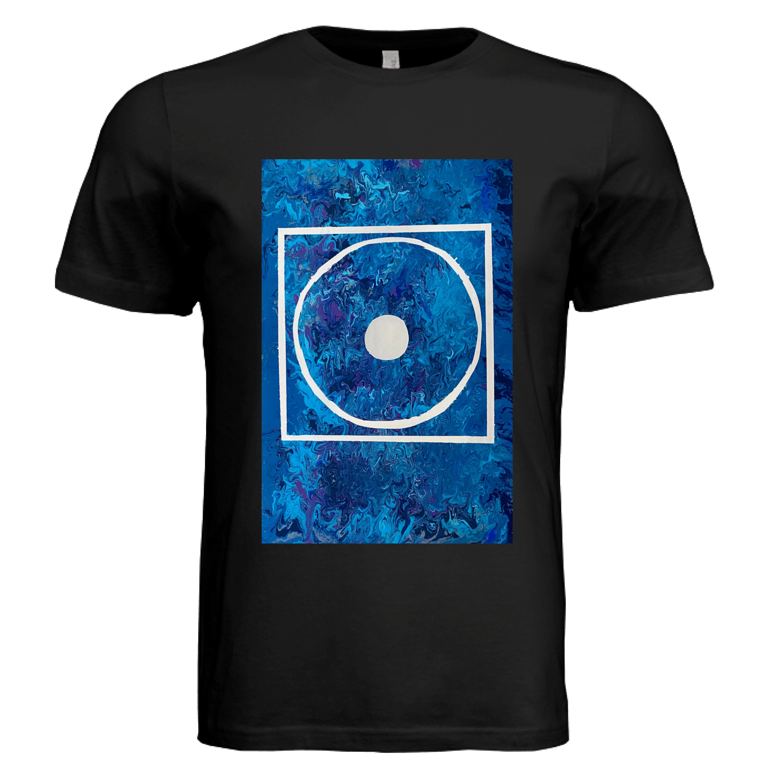 This is the Black Big Low T-Shirt by Storm Garden Studio. This is showcasing the front of the shirt. The illustration is rectangular and has a white filled in dot, within a outlined circle, within a outlined rectangle. The background is a mix and dip of different blues. The shirt is against a white background.