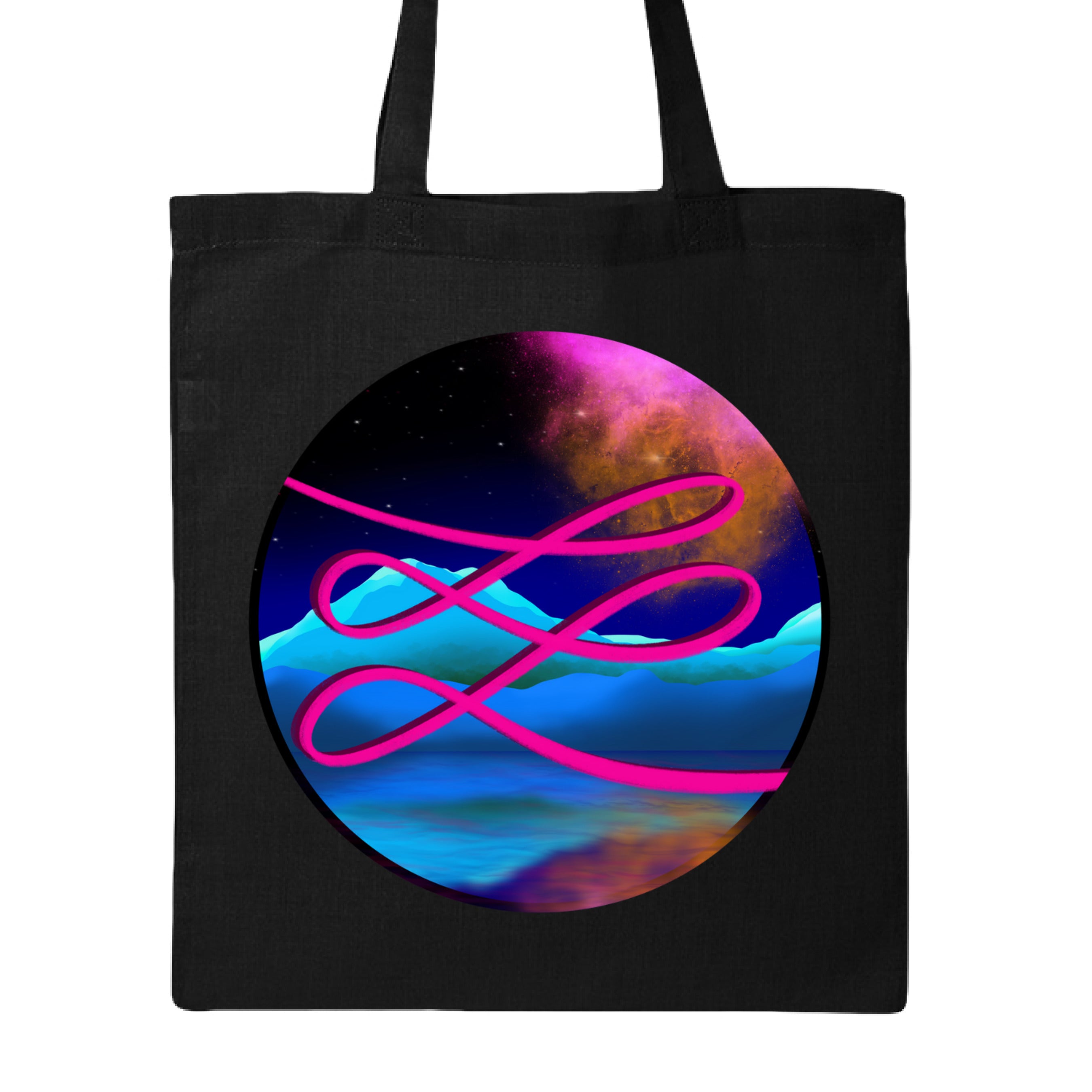This is the Black Calligraphers Swirl Canvas Tote by Lee Hansheng Studios. This is showcasing the front. The illustration is circular and has a neon pink handwritten lines across the whole art. The background is a cosmic drop with blue mountains, galaxy like sky with dark purple, pink and orange colors. The tote is against a white background.