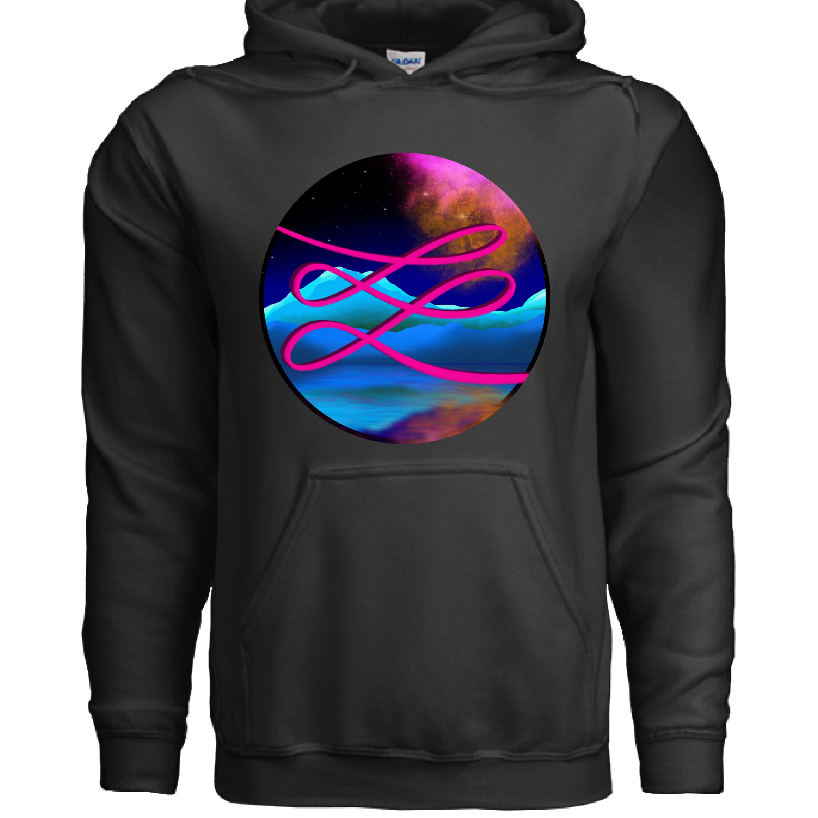 This is the Black Calligraphers Swirl Hoodie by Lee Hansheng Studios. This is showcasing the front. The illustration is circular and has a neon pink handwritten lines across the whole art. The background is a cosmic drop with blue mountains, galaxy like sky with dark purple, pink and orange colors. There a huge pouch under the design and drawstrings on the hoodie. It is against a white background.