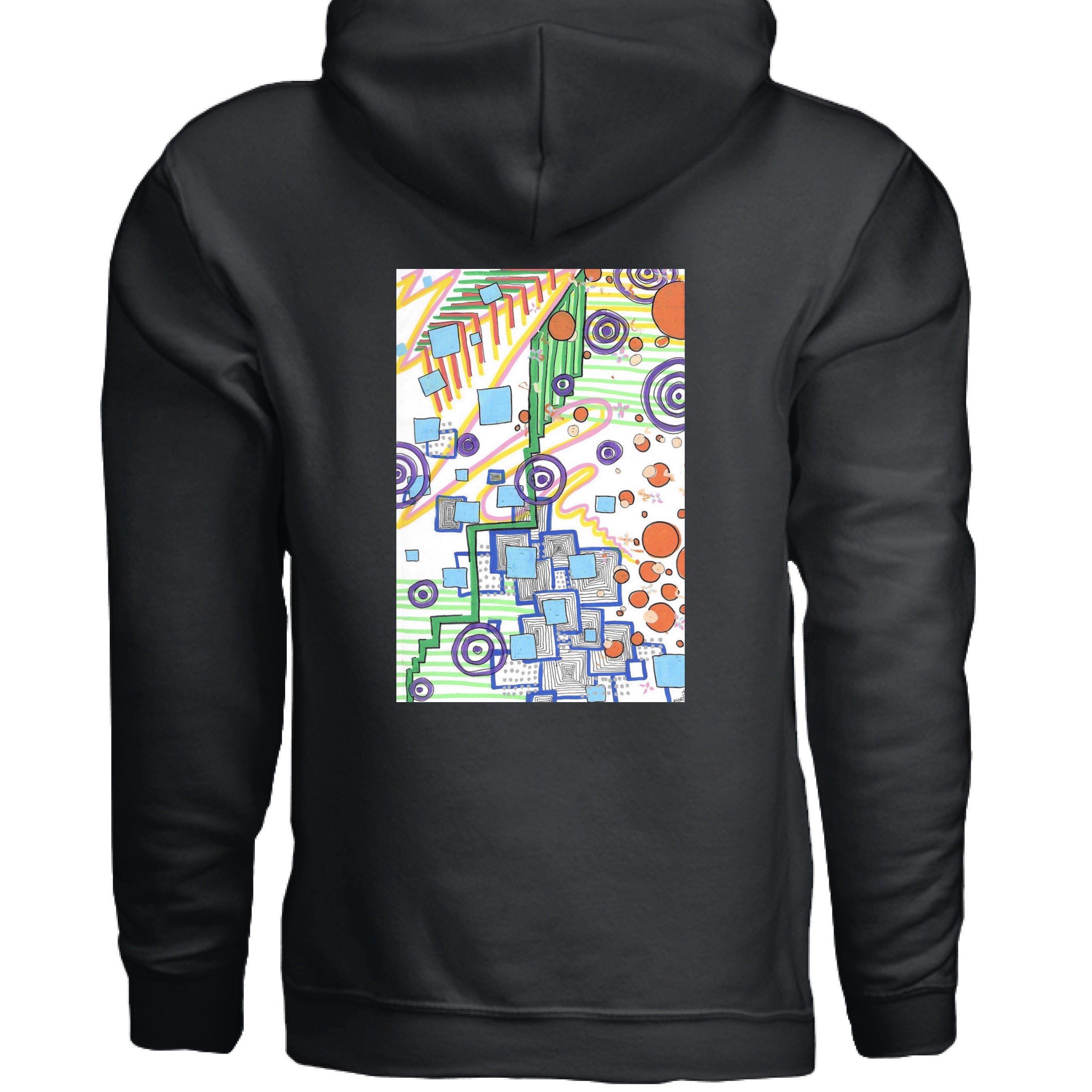 This is the Black City of Oz Hoodie by Storm Garden Studio. This image is showcasing the back of the hoodie. The illustration is rectangular and geometric. It has a mix of circles, lines, waves, dots, thorughout the design. It is a mix of colors that are light blue, orange, green, orange, yellow and purple. The background is white for the illustration. The illustration is right below the hood. It is against a white background.