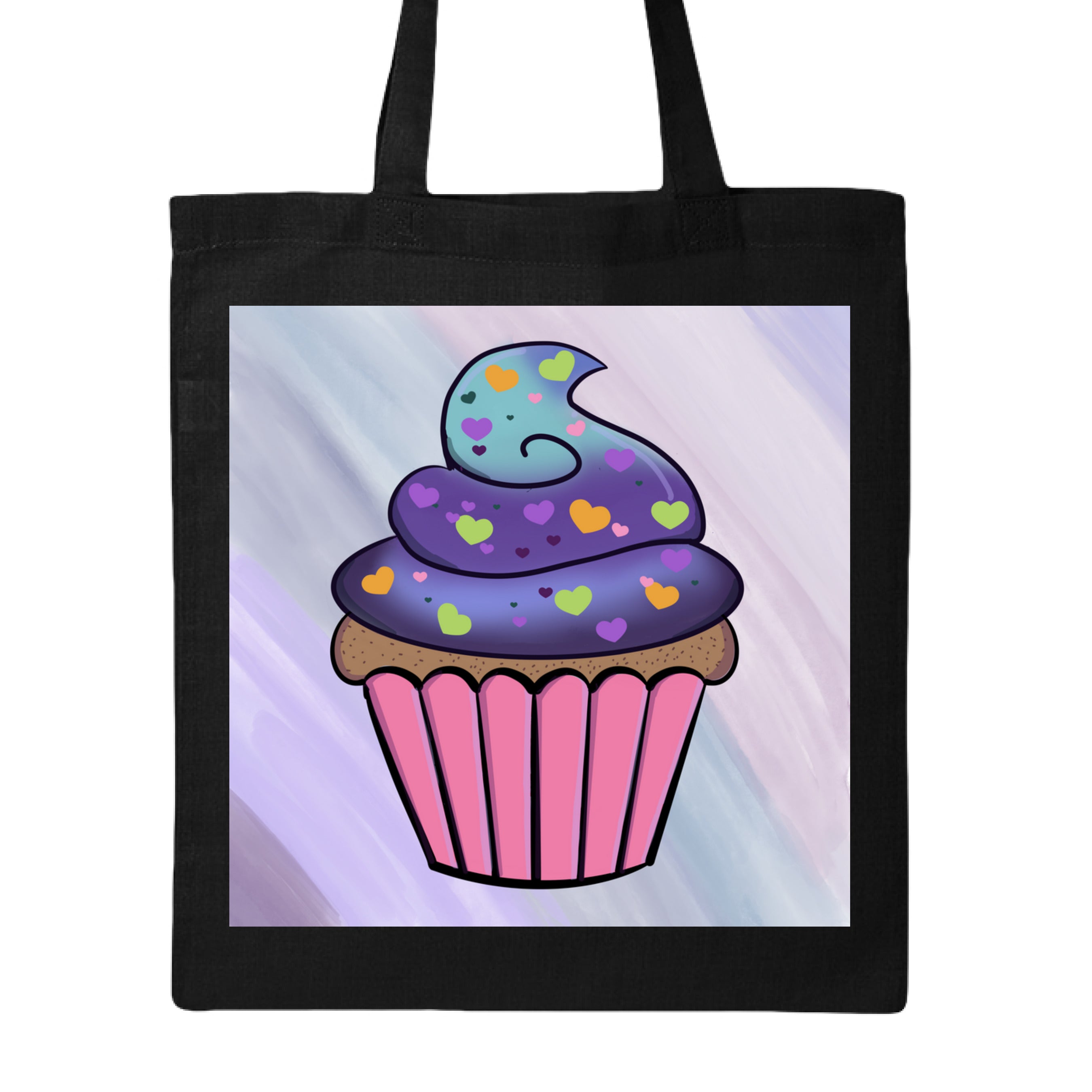 This is the Black Cosmic Cupcake Canvas Tote by Dazzle & Daggers Design. This is showcasing the front of the tote. The illustration has a pastel purple, pink, and blue slanted brushstroke background. The cupcate is in the middle with a pink wrapper, brown/tan dotted cupcake with a gradient frosting. The frostin is blue and purple with green, orange, purple, dark purple hearts all over. It is against a white background.