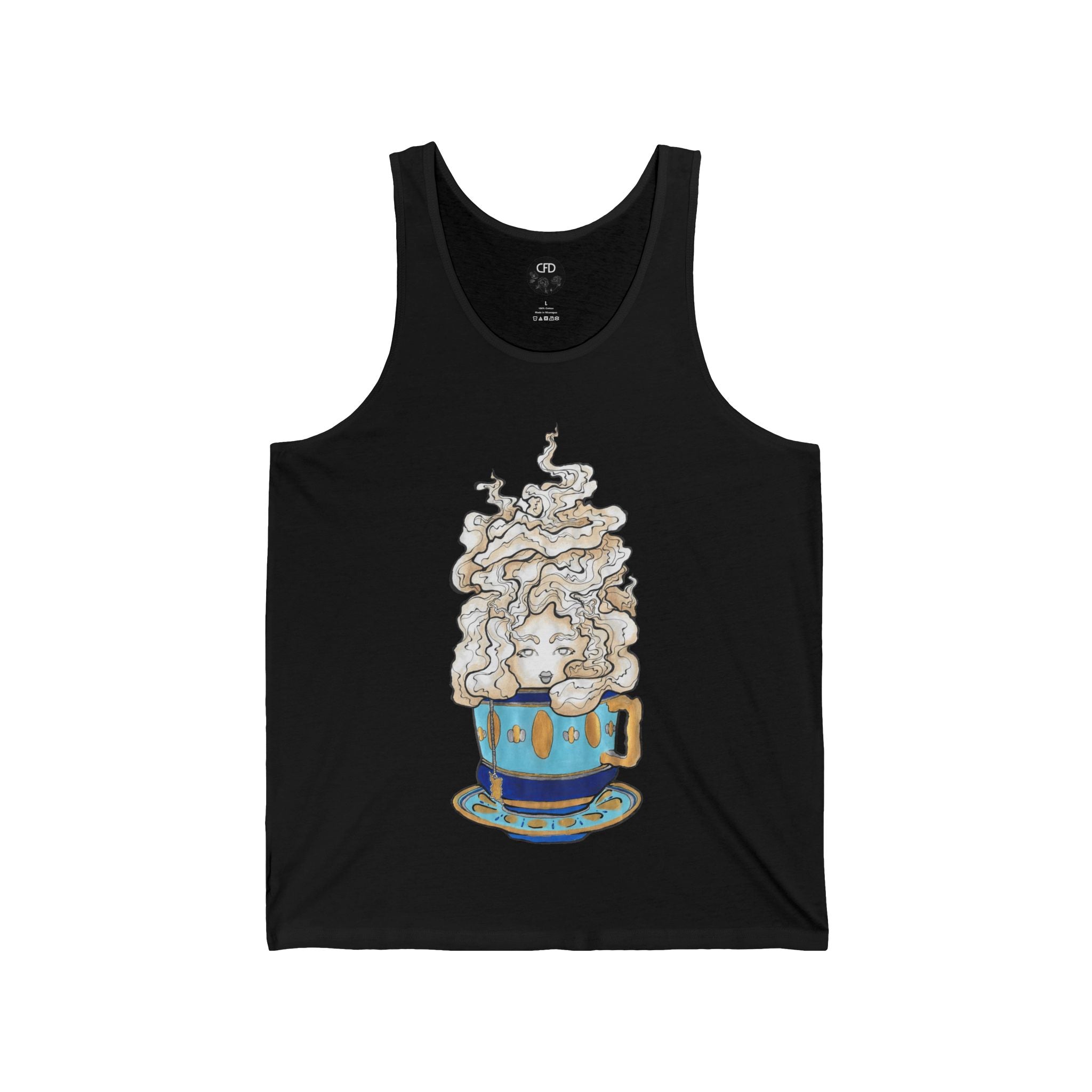 This is the Black Earl Grey Tank by Chris Foster Design. This showcases the front of the tank. The illustration is of a gold, light blue and dark blue teacup with a tan, yellow and white steam. The steam is swirly and goes up and outwards. In the middle is a lady's face. The circular studio logo is on the inside of the tank printed in white, the size label is printed in white. It is against a white background.
