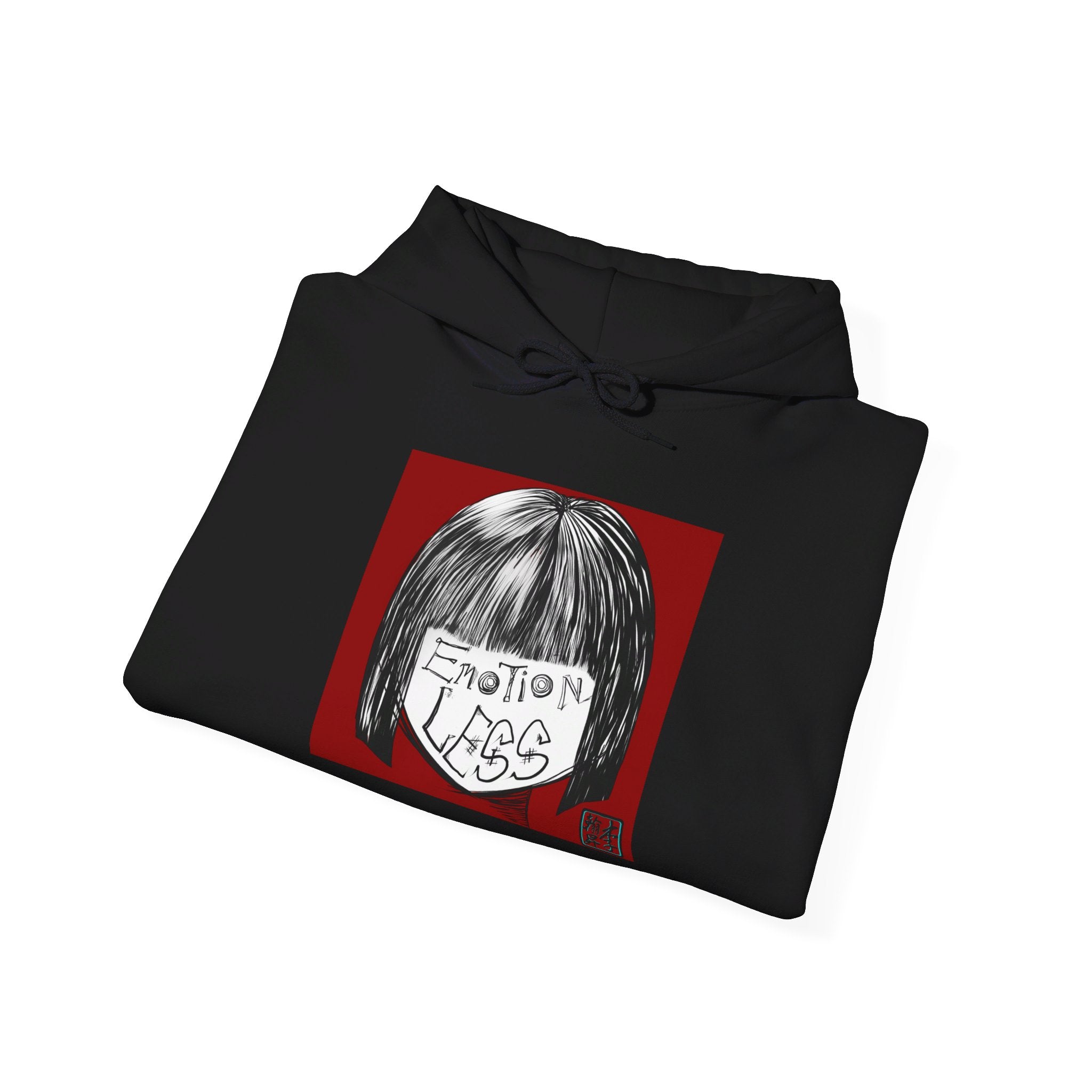 This is the Black Emotionless Heavy Blend Hoodie by Lee Hansheng Studios. This is the image of the hoodie folded, drawstring in a bowtie that is colormatched. The illustration is squared in the middle, a black haired girl with bangs and her white face has the words, "Emotionless". Behind her is a red background and on the right of the illustration is the Lee Hansheng Studios logo outlined in blue. The image is against a white background.