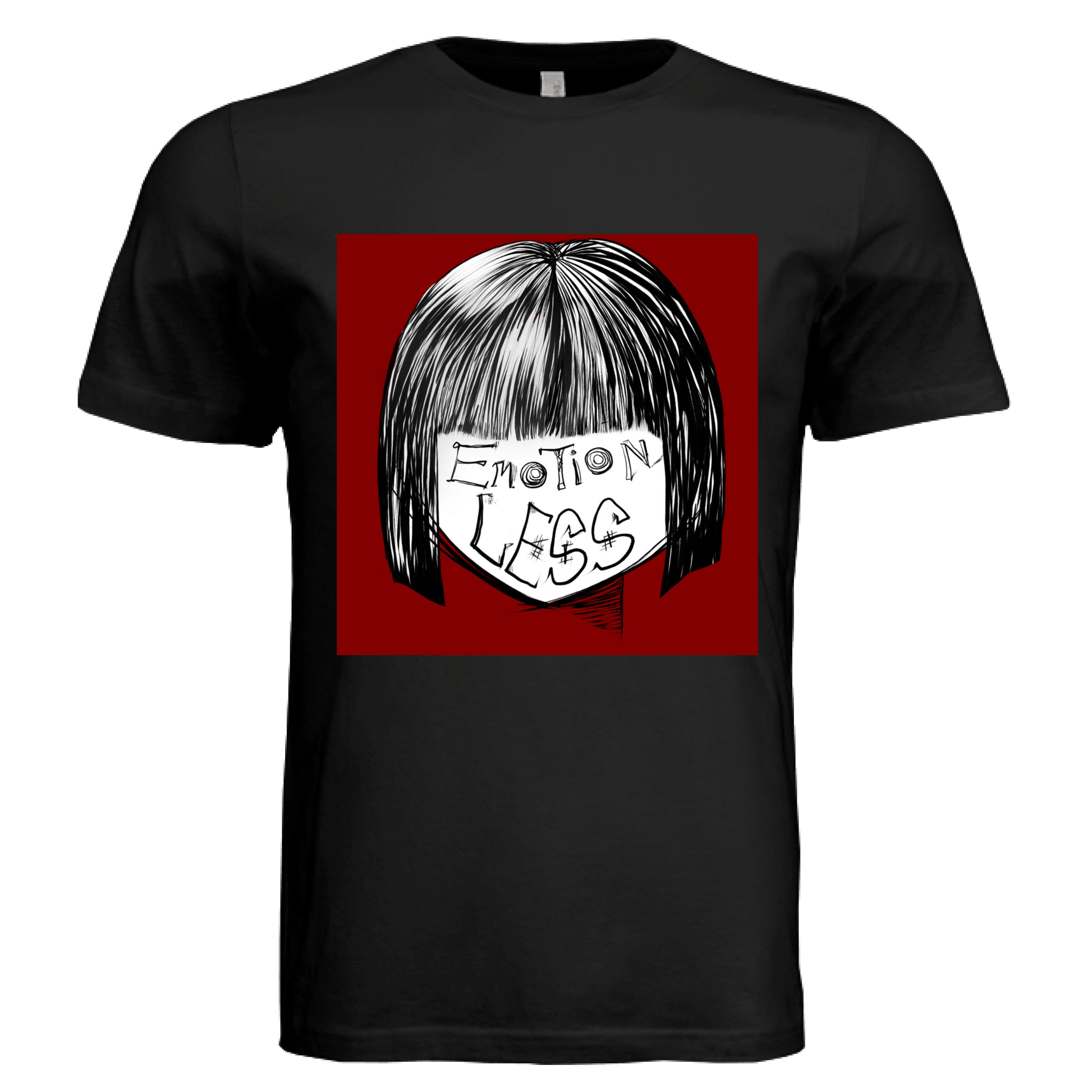 This is the Black Emotionless T-Shirt by Lee Hansheng Studios. This is showcasing the front. This illustration is squared and features exploring themes of identity, silence, and hidden emotion through stark contrasts of black, white, and deep red. There are the words,"Emotionless" written in black on the face. Hair is white and black and the background is a dark deep red. The shirt is against a white background.