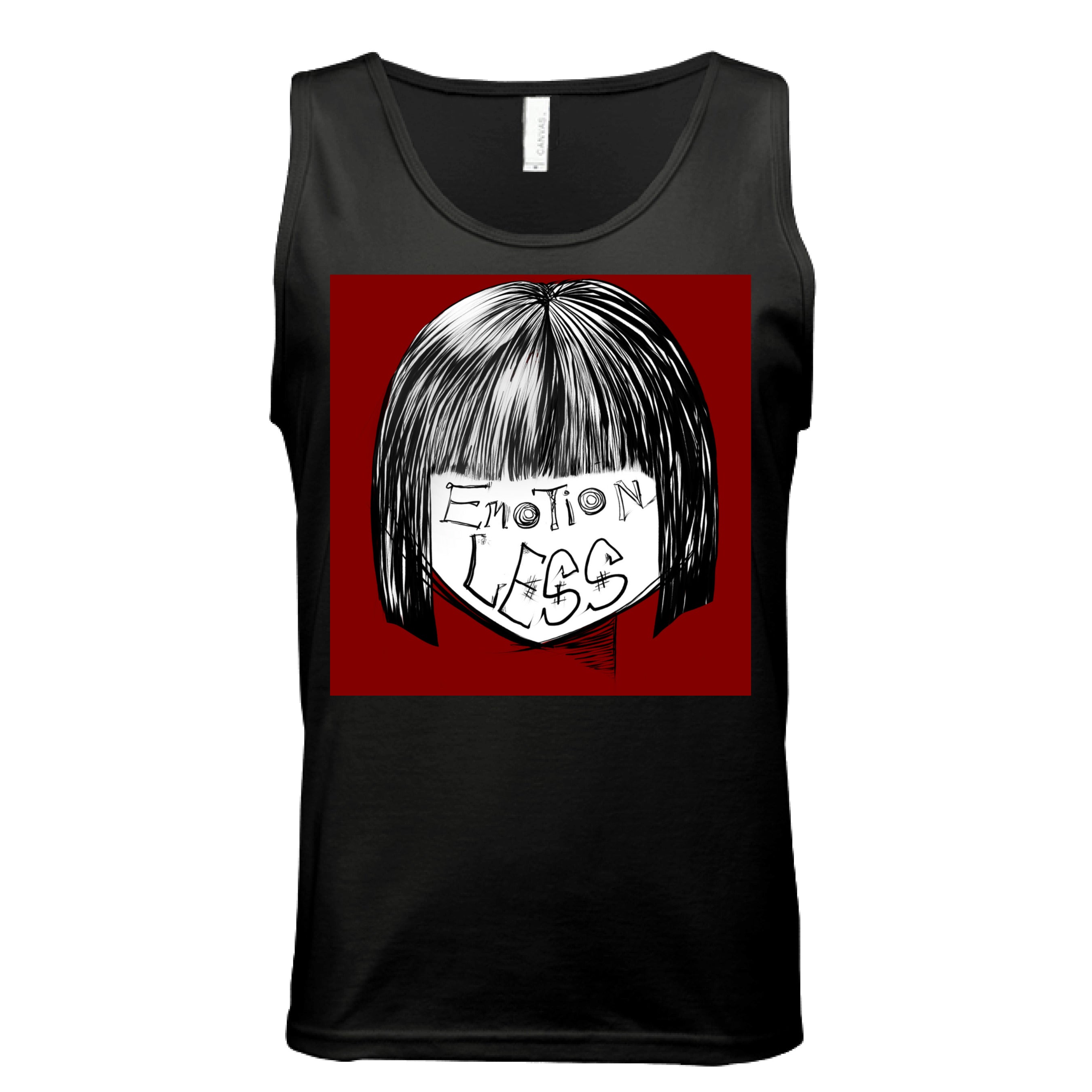 This is the Black Emotionless Tank by Lee Hansheng Studios. This is showcasing the front. This illustration is squared and features exploring themes of identity, silence, and hidden emotion through stark contrasts of black, white, and deep red. There are the words,"Emotionless" written in black on the face. Hair is white and black and the background is a dark deep red. The tank is against a white background.