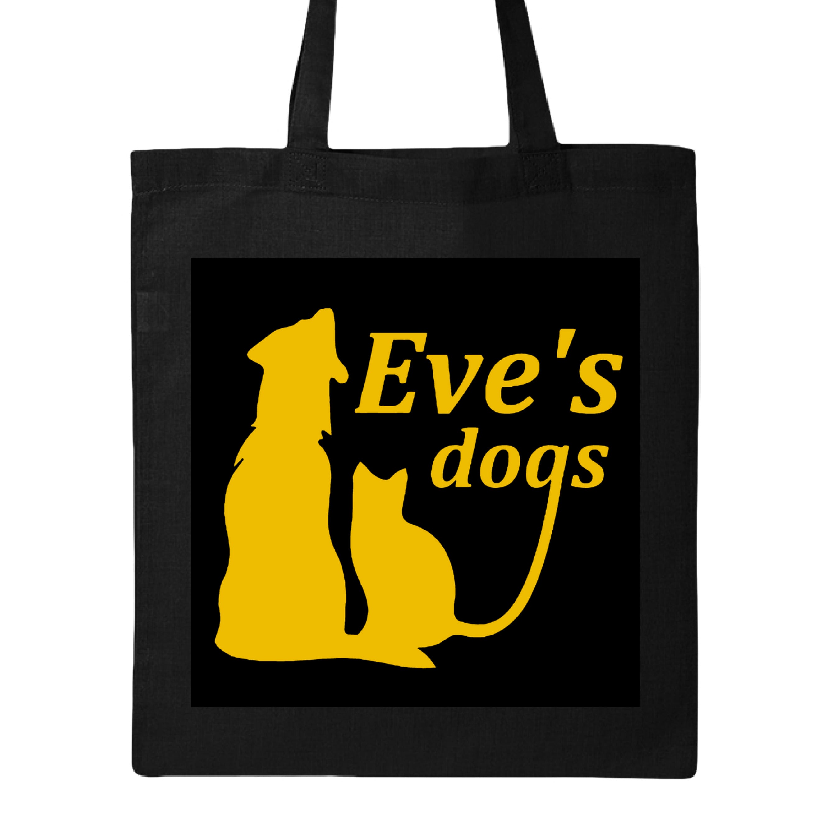 This is the Black Adopt Eve's Dogs Canvas Tote to help raise awareness and adopt. This is showcasing the front of the tote. There is an image of their logo which the background is black, yellow writing of "Eve's Dogs". The "g" connects to the tail of the cat who is sitting next to the dog. Both are yellow shadows. The tote is against a white background.