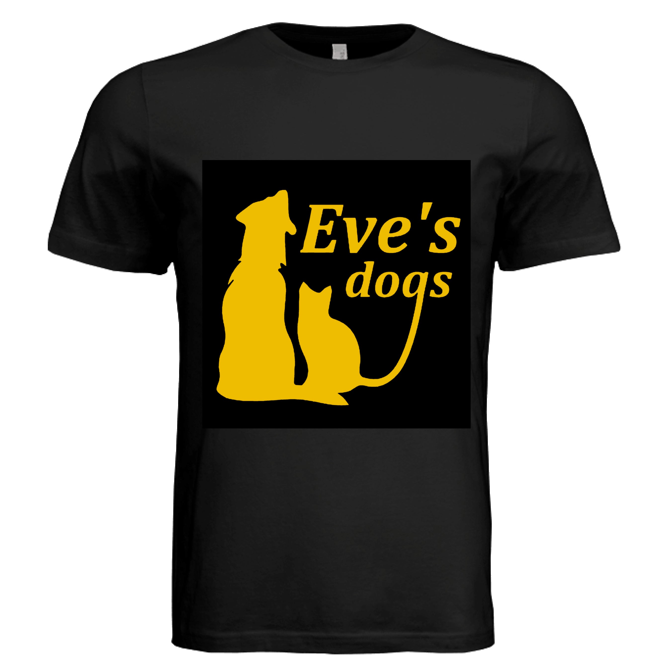 This is the Black Adopt Eve's Dogs T-Shirt to help raise awareness and adopt. This is showcasing the front of the shirt. There is an image of their logo which the background is black, yellow writing of "Eve's Dogs". The "g" connects to the tail of the cat who is sitting next to the dog. Both are yellow shadows. The white size label can be seen at the inside of the shirt. It is against a white background.