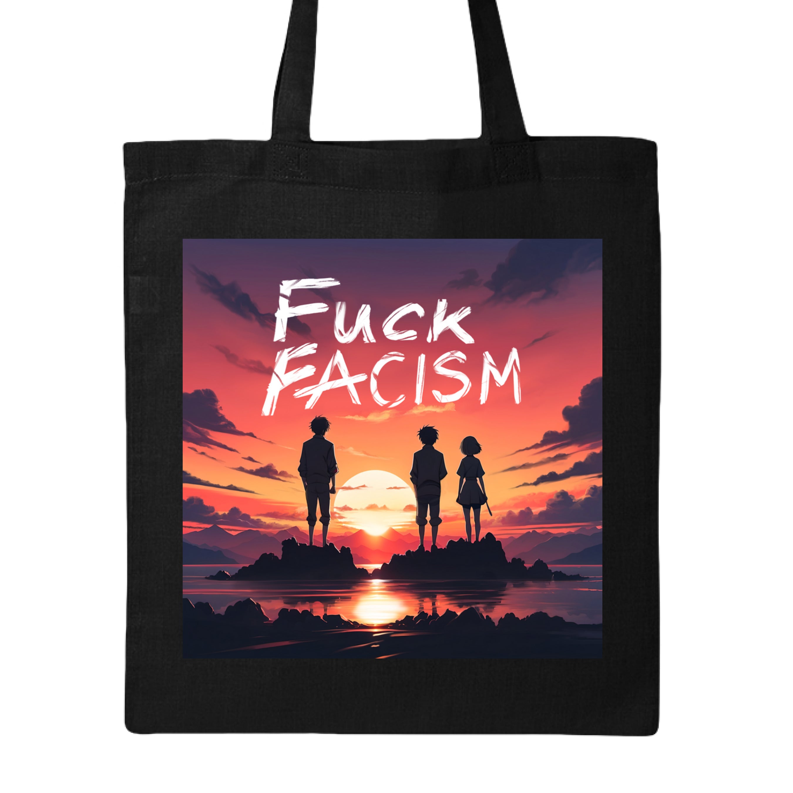 This is the Black Fuck Fascism Canvas Tote by Lee Hansheng Studios. This is showcasing the front of the tote. The image is squared. The illustration has a blazing yellow/red sunset sky, three figures, two guys, one lady stand united, their silhouettes facing towards the sunset on rocky land floating in the middle of the water. The words in white, "FUCK FACISM" near the top. Clouds surrounding the right and left of the image. It is against a white background.