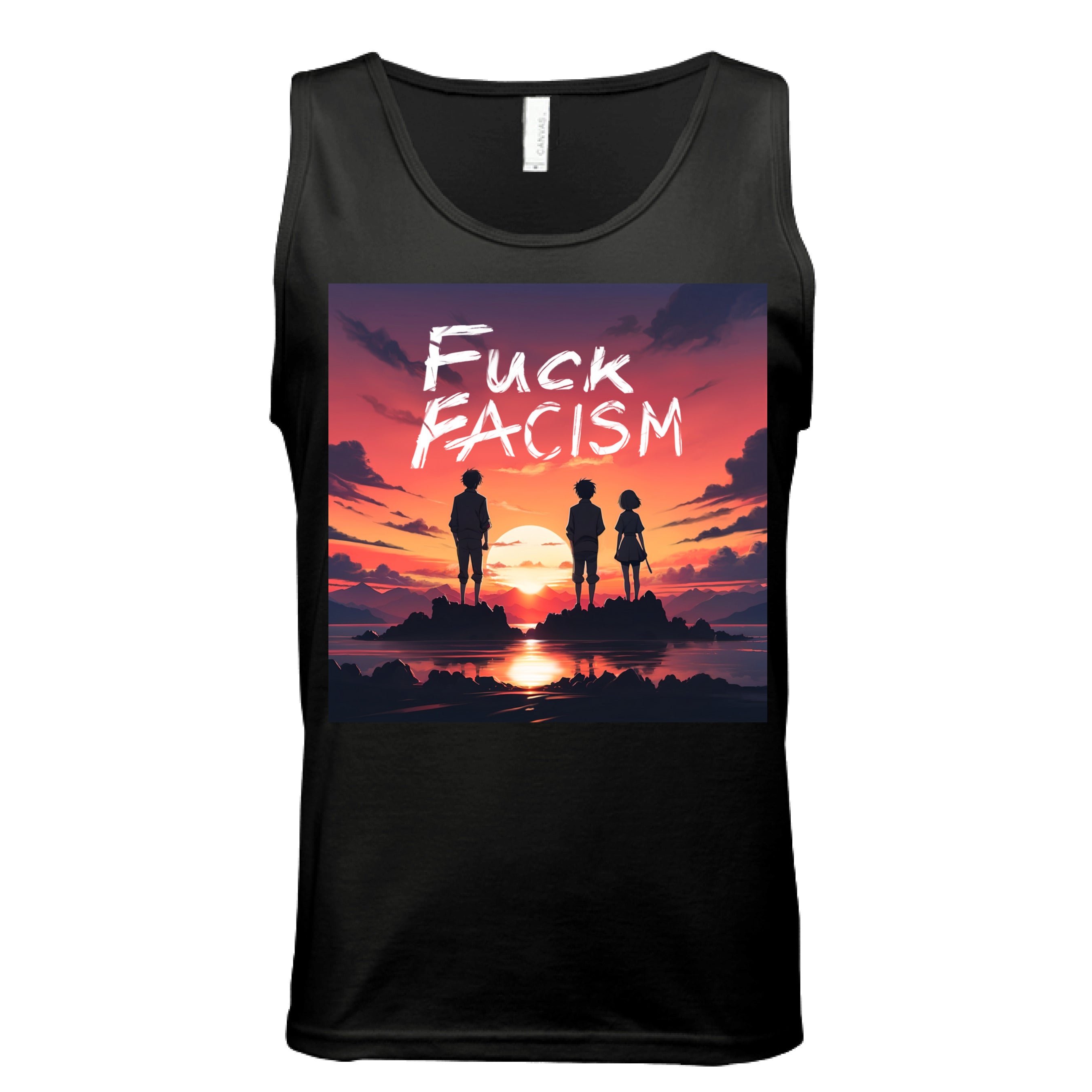 This is the Black Fuck Fascism Tank by Lee Hansheng Studios. This is showcasing the front of the tank. The illustration has a blazing yellow/red sunset sky, three figures, two guys, one lady stand united, their silhouettes facing towards the sunset on rocky land floating in the middle of the water. The words in white, "FUCK FACISM" near the top. Clouds surrounding the right and left of the tank. The white size label can be seen from the back of the tank. It is against a white background.
