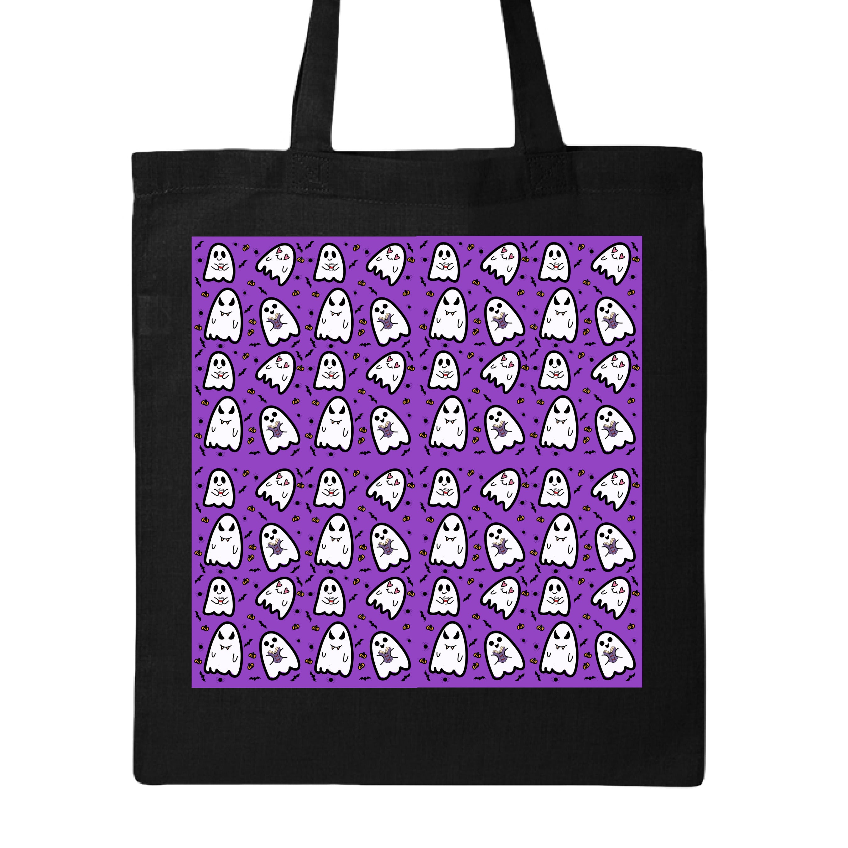 This is the Black Ghostie Canvas Tote by Dazzle & Daggers Design. This is showcasing the front. The handles are color matched. The illustration is square with a cute ghostie pattern. The background of the illustration is purple with small bats, pumpkins and spiders. The ghosts have a range of expressions like heart eyes, book reading with an excited expression, evil vampire and happy ghostie with a red striped coffee to go mug. The tote is against a white background.