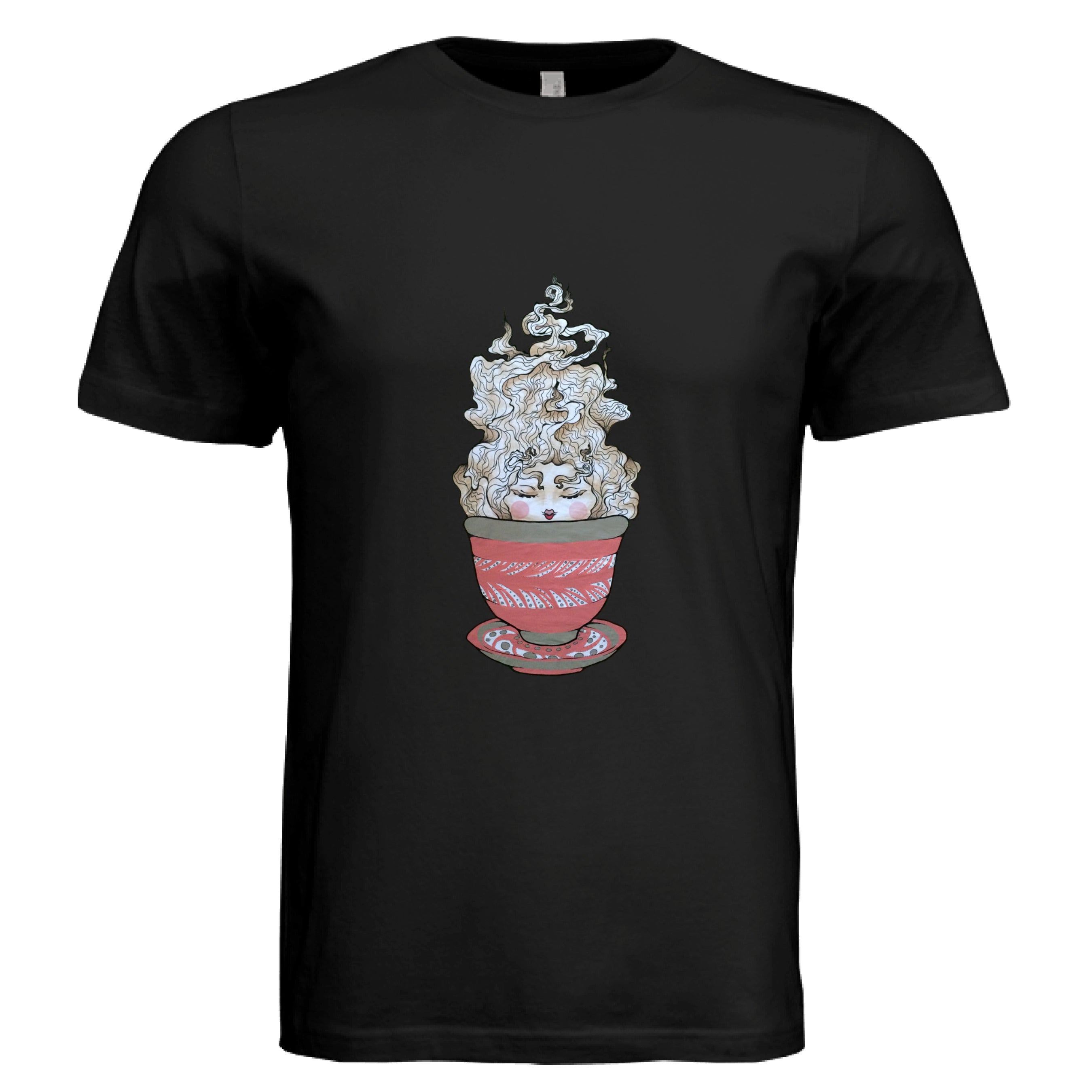 This is the Black Green Tea T-Shirt by Chris Foster Design. This is showcasing the front of the shirt. The illustration is a tea sprite. There's a woman's face with curly hair/steam that is white and tan/beige inside an intricately designed pink/red teacup with a saucer that has white and black dashes or swirl patterns. The size label can be seen from the front and inside of t-shirt. The shirt is against a white background.