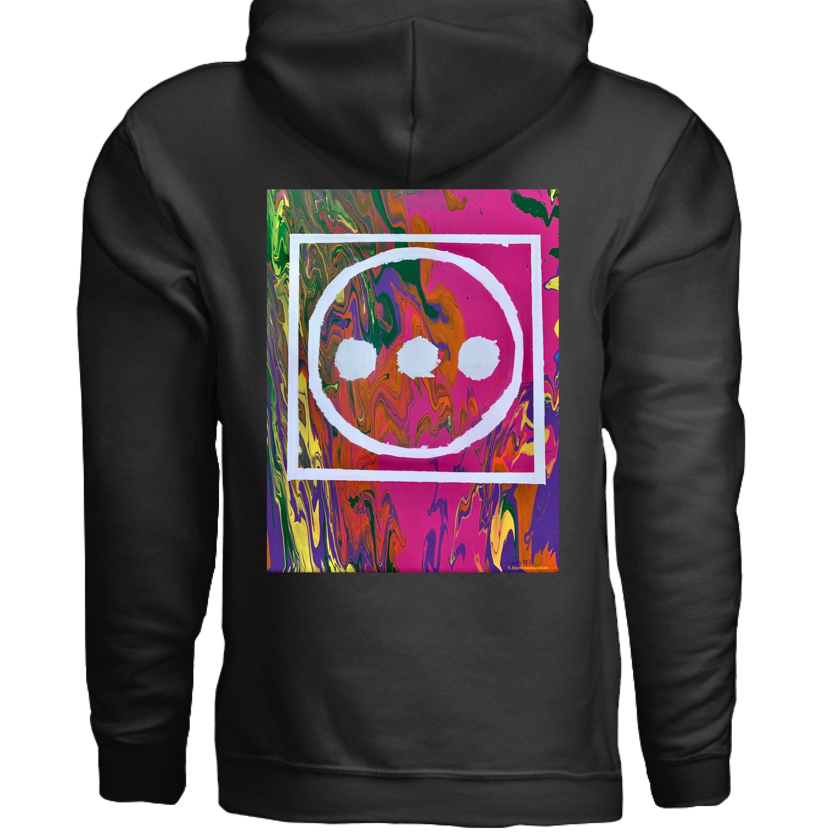 This is the Black High Hoodie by Storm Garden Studio. This image is showcasing the back of the hoodie. The illustration is vibrant with pink, orange, yellow, green and purple colors in the background with "...", outlined circle and outline square in white. There's a hood above the illustration and there's nothing below the illustration. It is against a white background.
