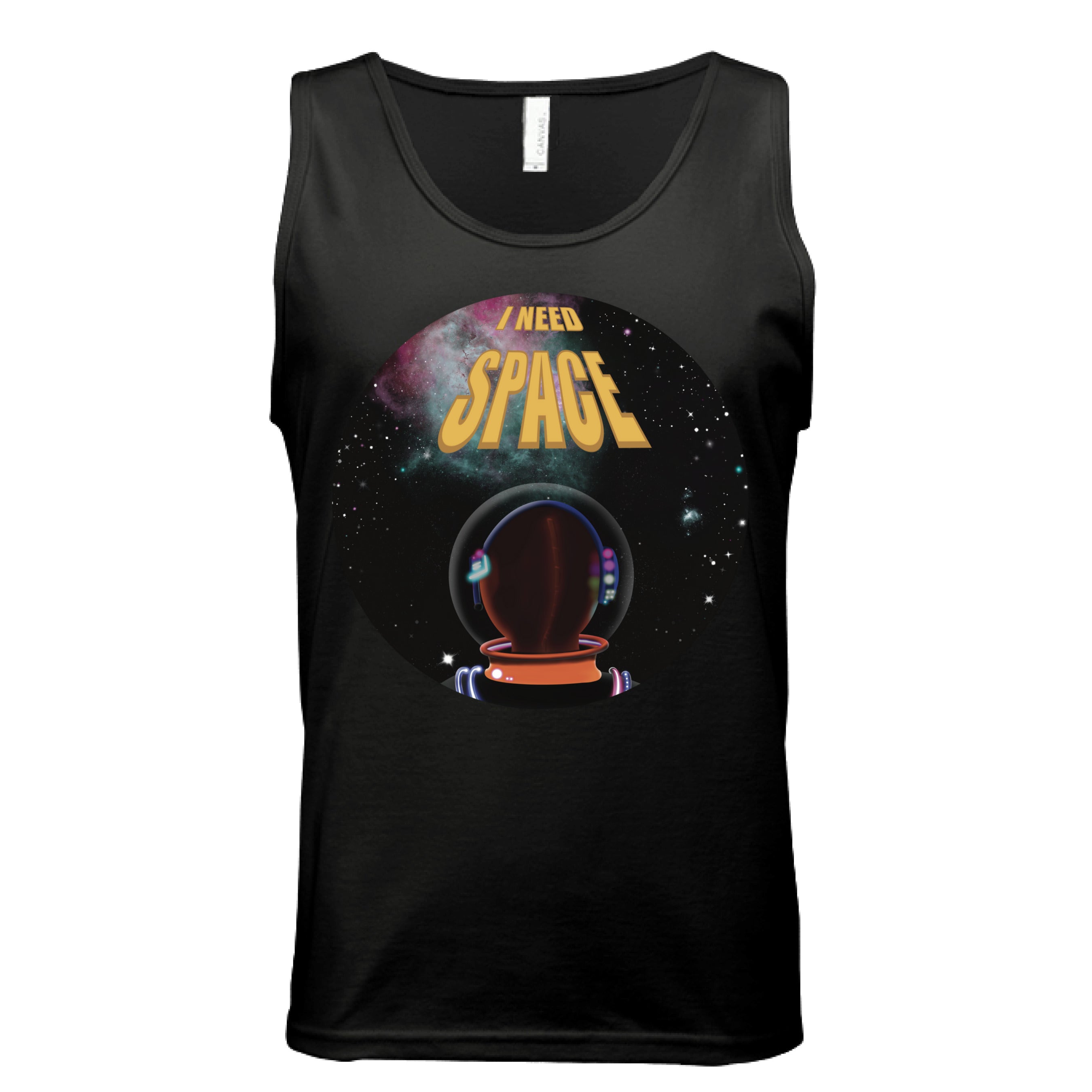 This is the Black I Need Space Tank by Lee Hansheng Studios. This is showcasing the front. The design is a circle and of an astronaut facing the front. The astronaut is looking towards space black sky, twinkling green, yellow, pink stars and nebula that is pink/red and green closer to the left. The words in yellow, "I NEED SPACE" in the middle, space being larger font than I need. It is against a white background.