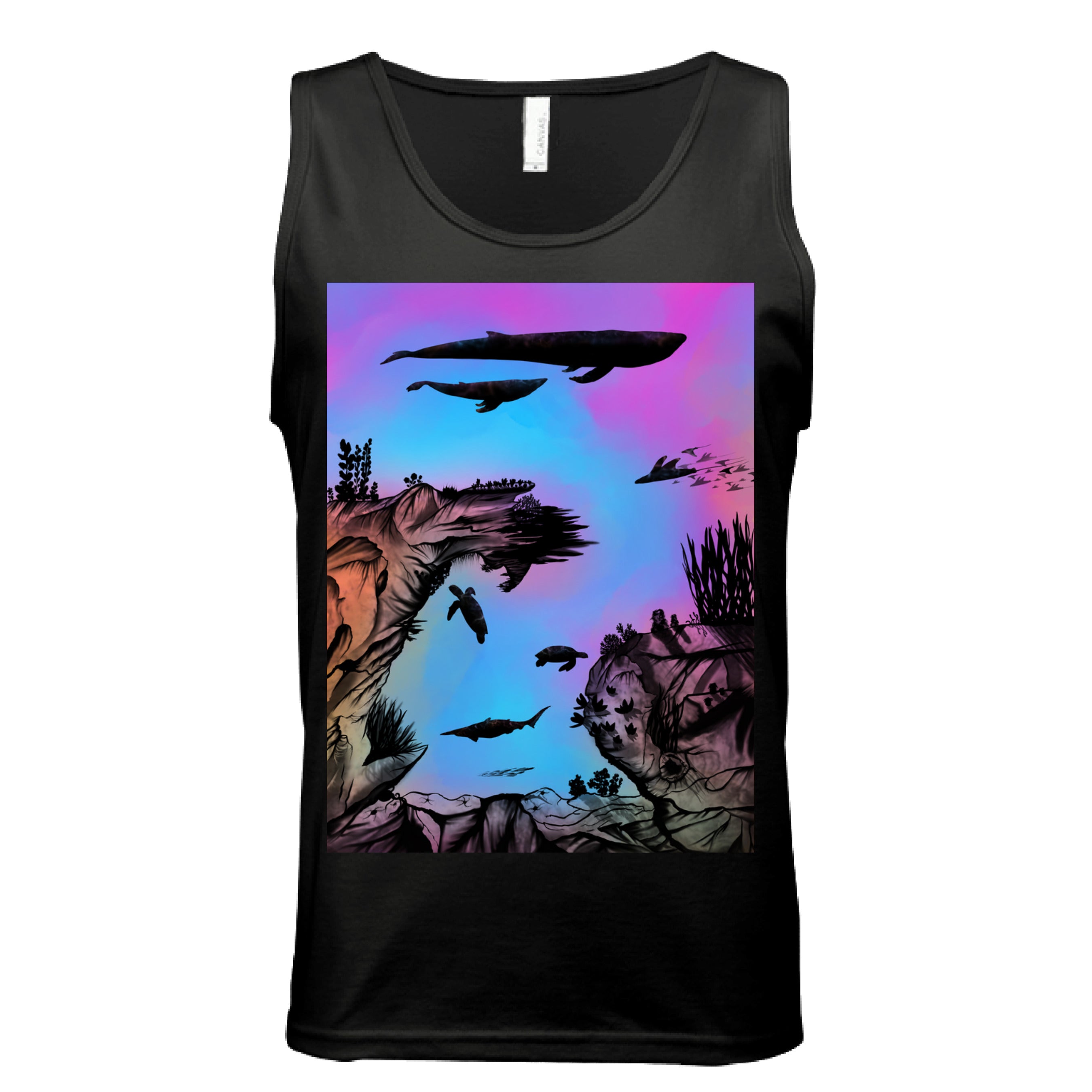 This is the Black Into the Abyss Tank by Lee Hansheng Studios. This is showcasing the front. The illustration is of an otherworldly underwater world alive with graceful black silhouettes drifting against a luminous gradient of blues, purples, and warm tones throughout the water. To the left, right and bottom are sediment, rocks, seaweed throughout. The top has a humpback whale, another whale, below are a pool of mantis rays, two sea turtles, sea of fish. The white size label can be seen.