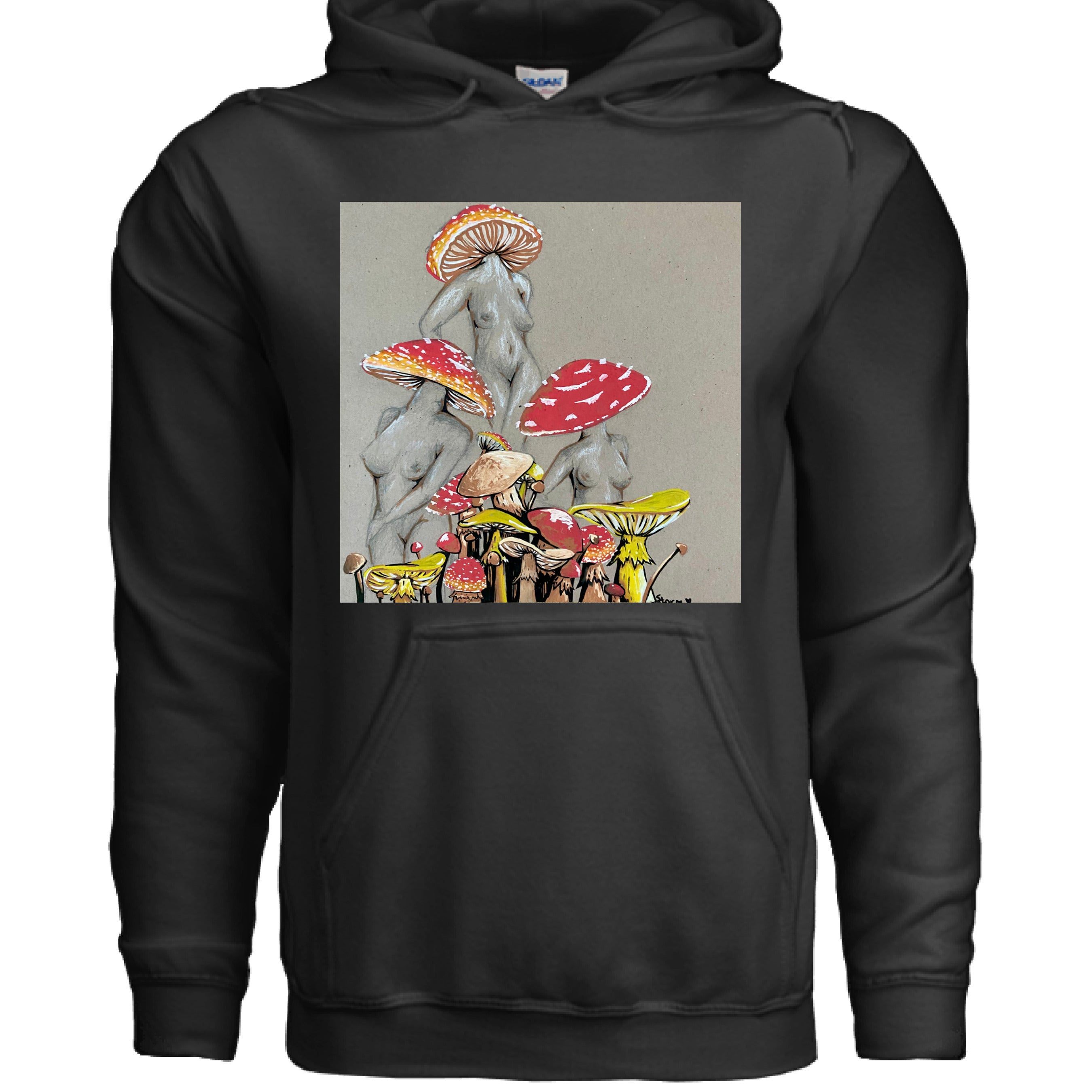 This is the Black Miss Amanita Hoodie by Storm Garden Studio. This is showcasing the front. This illustration is on tan/grey background. There are three fusions of female human anatomy and mushroom fungi. Their heads are different styles of mushrooms, bodies are a gray/white outlined in brown. Below are different mushrooms and shapes with a mix of tan, red, white and yellow colors. The pouch is right under the image and drawstrings on the hoodie. It is against a white background.