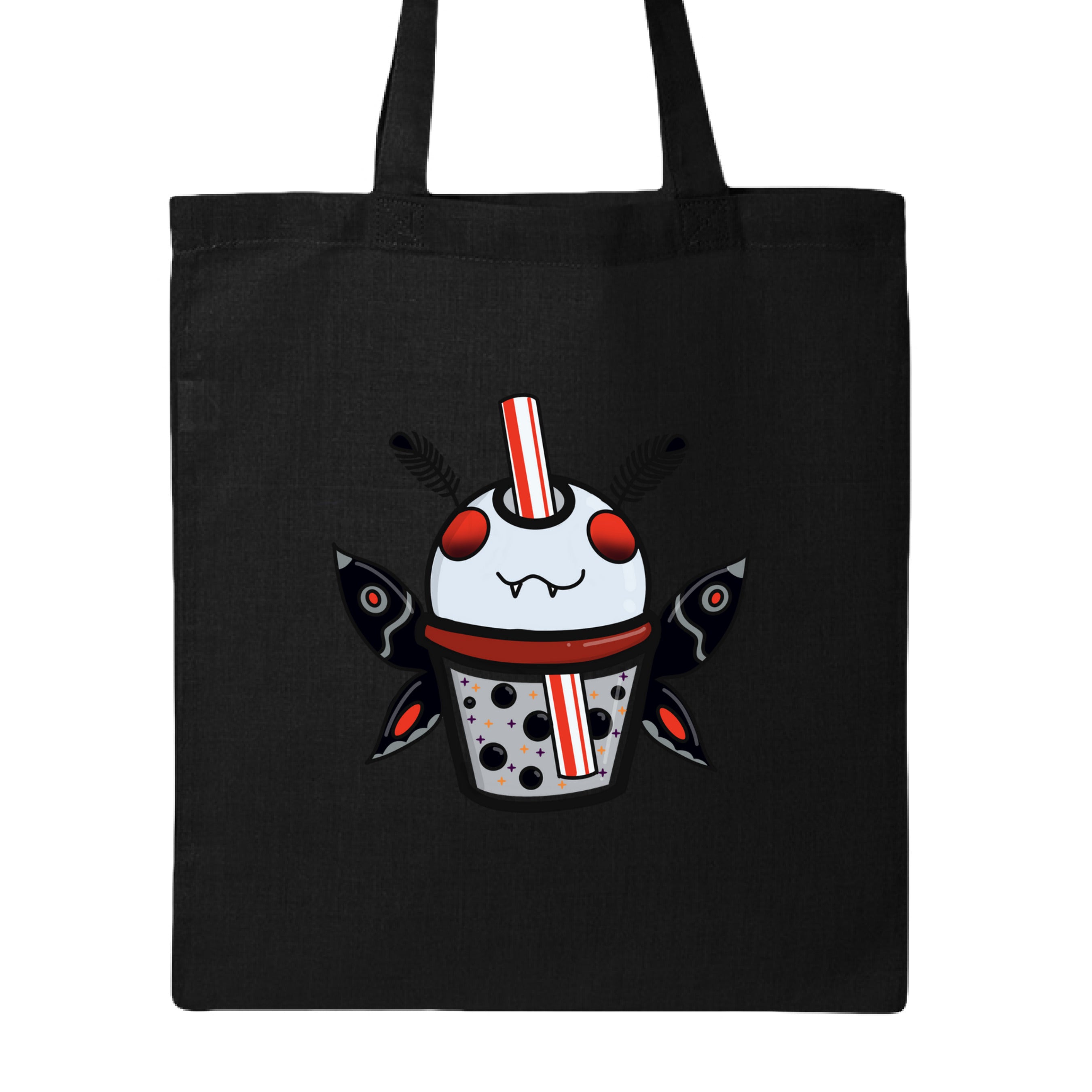 This is the Black Mothman Boba Canvas Tote by Dazzle & Daggers Design. This is showcasing the front of the tote. There is an illustration of a moth boba that is gray, red eyes, inside the glass is gray with black boba, red dots, black, red, gray both wings and fluffly black antennas, red and white striped straw. It is against a white background.