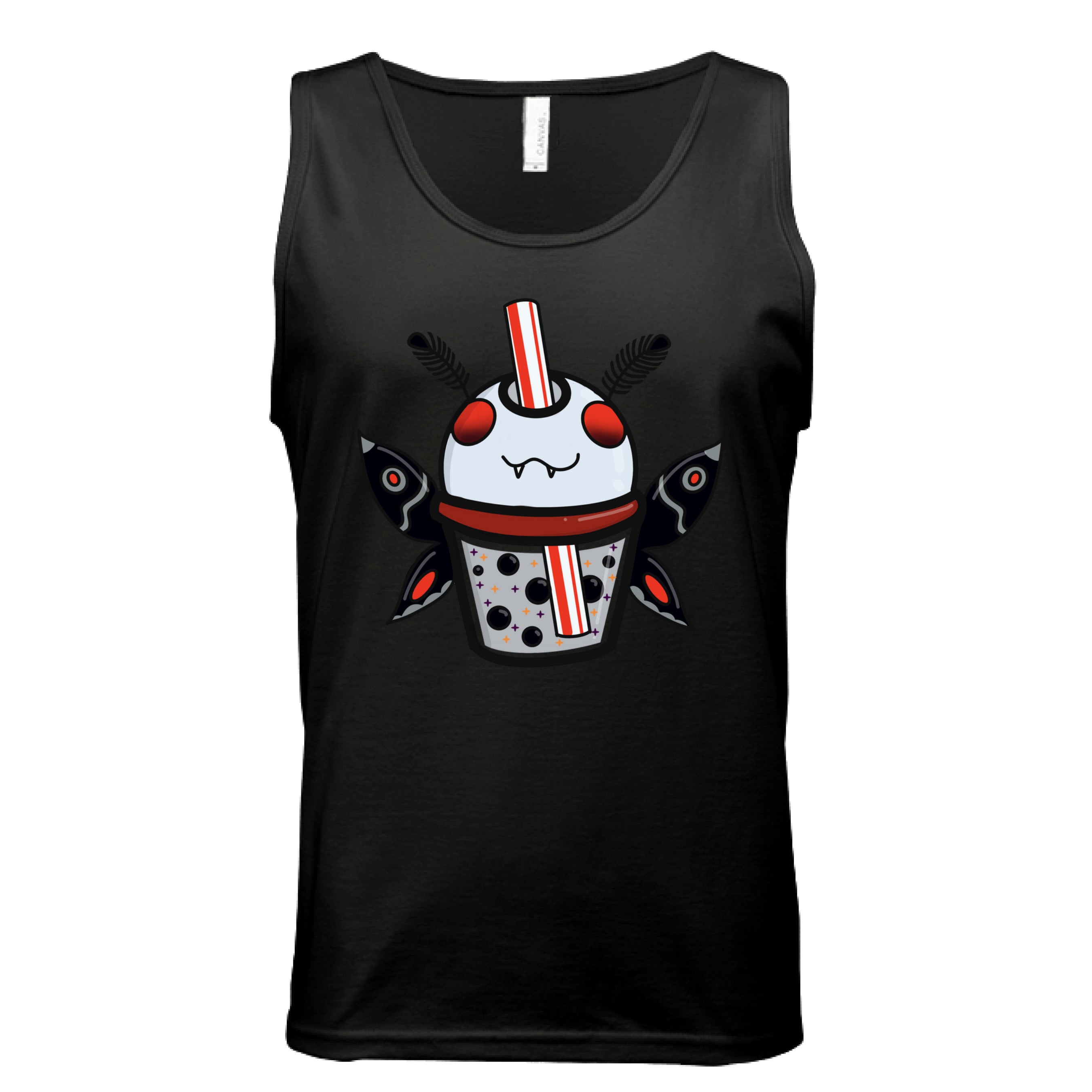 This is the Black Mothman Boba Tank by Dazzle & Daggers Design. This is showcasing the front of the tank. There is an illustration of a moth boba that is gray, red eyes, inside the glass is gray with black boba, red dots, black, red, gray both wings and fluffly black antennas, red and white striped straw. It is against a white background.